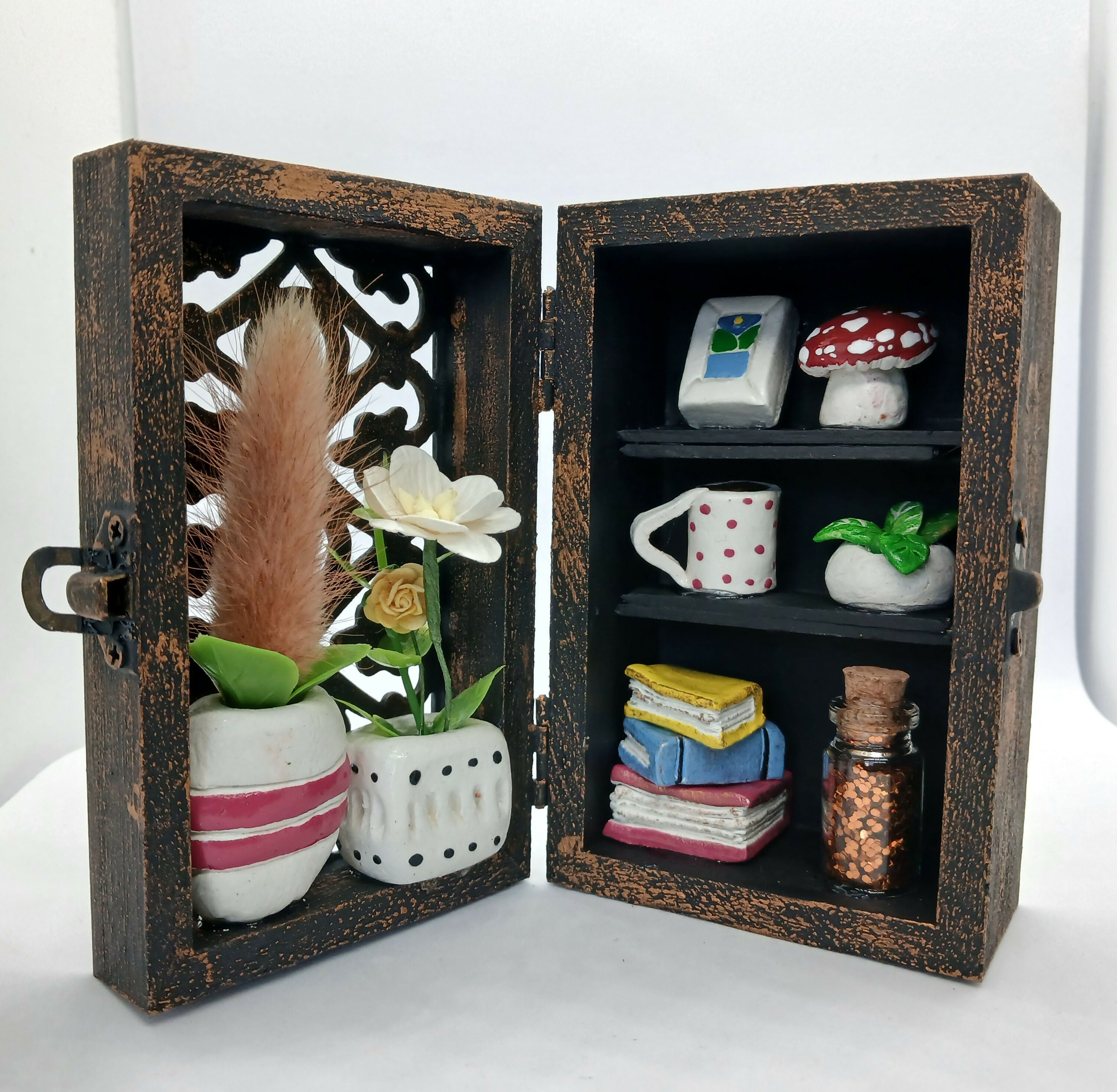 Bookcase Diorama Clay Trinket Filled Wooden Box