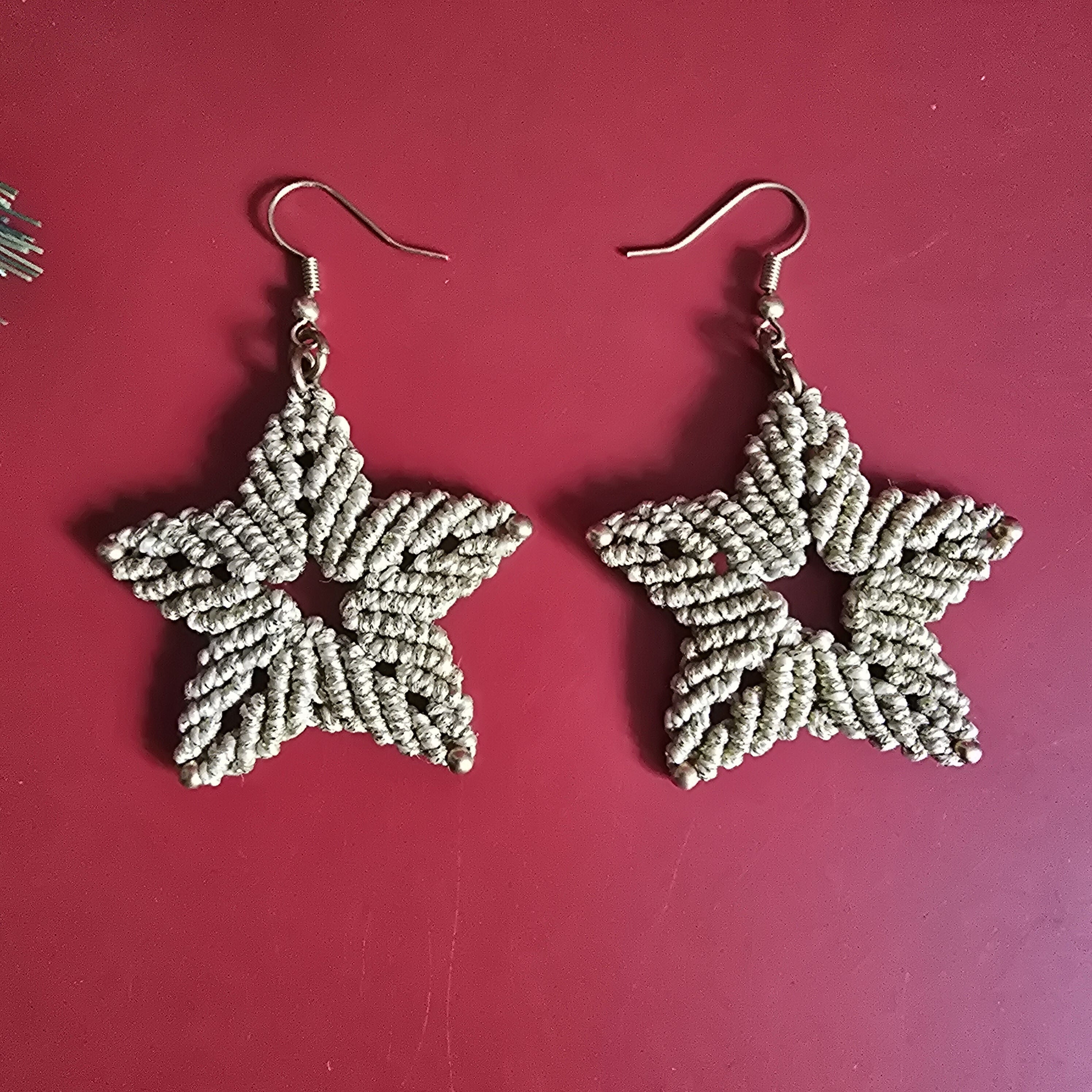 Christmas Macrame Star Earrings; Festive Sparkly Gold knotted Cord Handmade Artisan Earrings