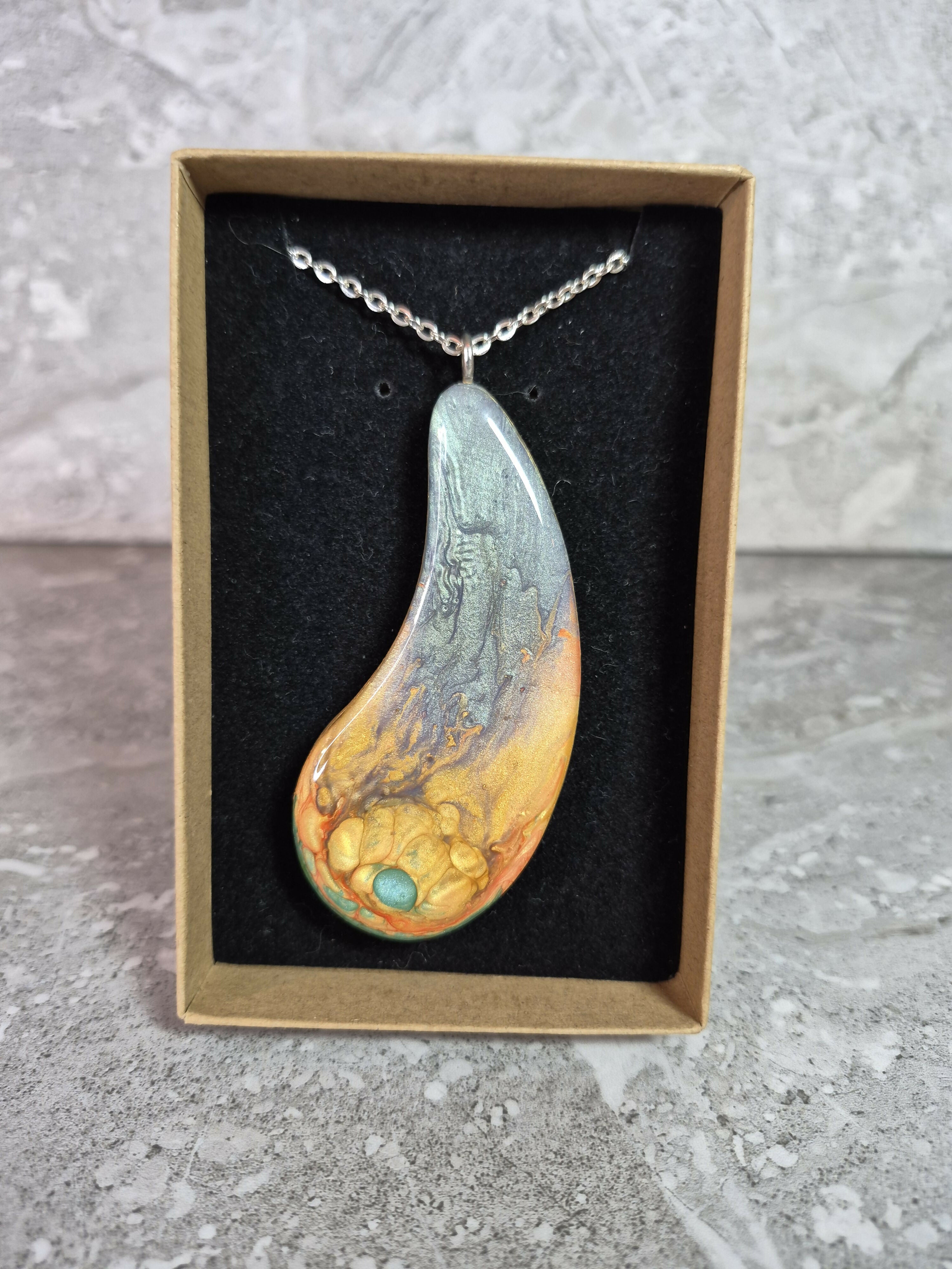 Unique Hand Crafted Double Sided Tear Drop Shape Pendant With Swirling Blue, Gold, Red and Green Colours