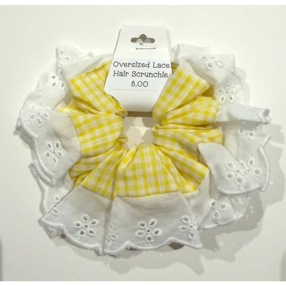 Yellow Gingham Oversized Ruffle Broderie Lace Hair Scrunchie