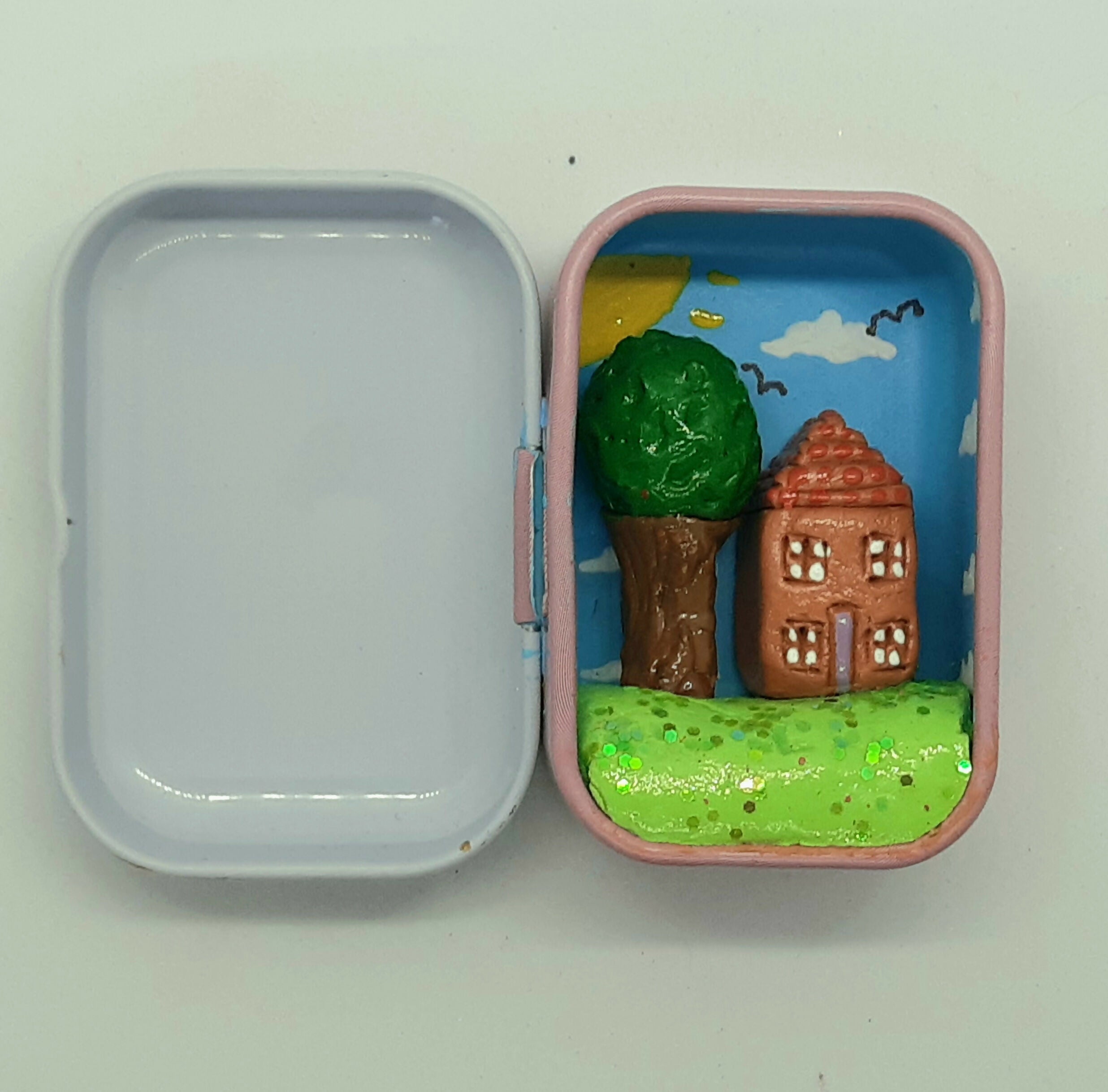 Clay House and Tree in a Metal Tin (Pink Flower Tin)