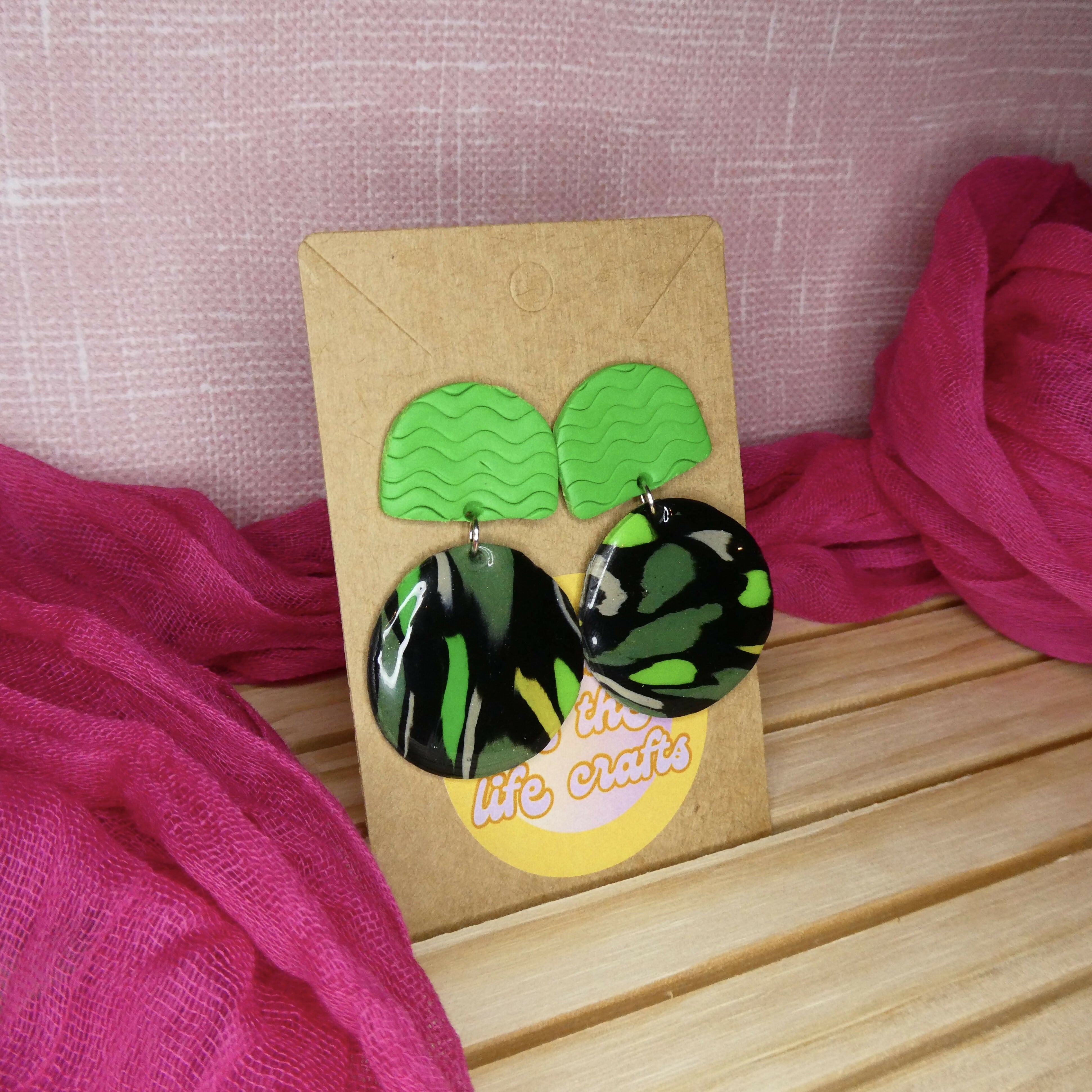 Green And Black Abstract Circle Polymer Clay Earrings