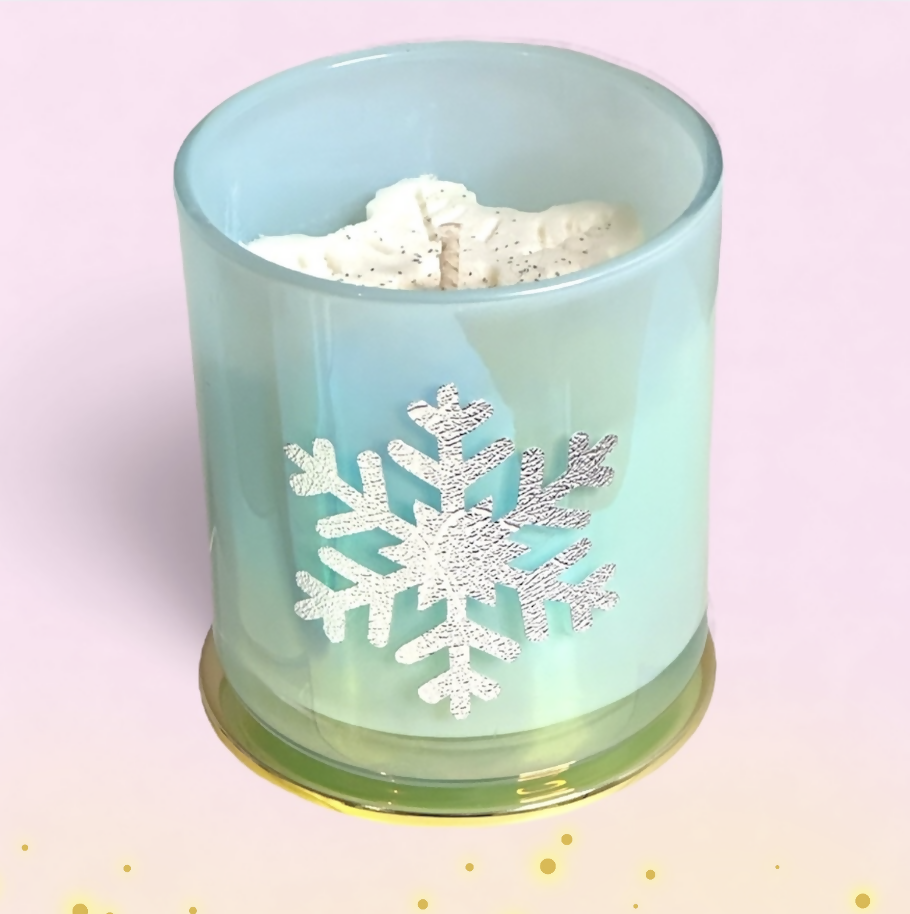 Shimmering Snowflake Blue Glass Soy Wax Candle - Snowy Air and Eucalyptus Fragranced Vegan Candle
