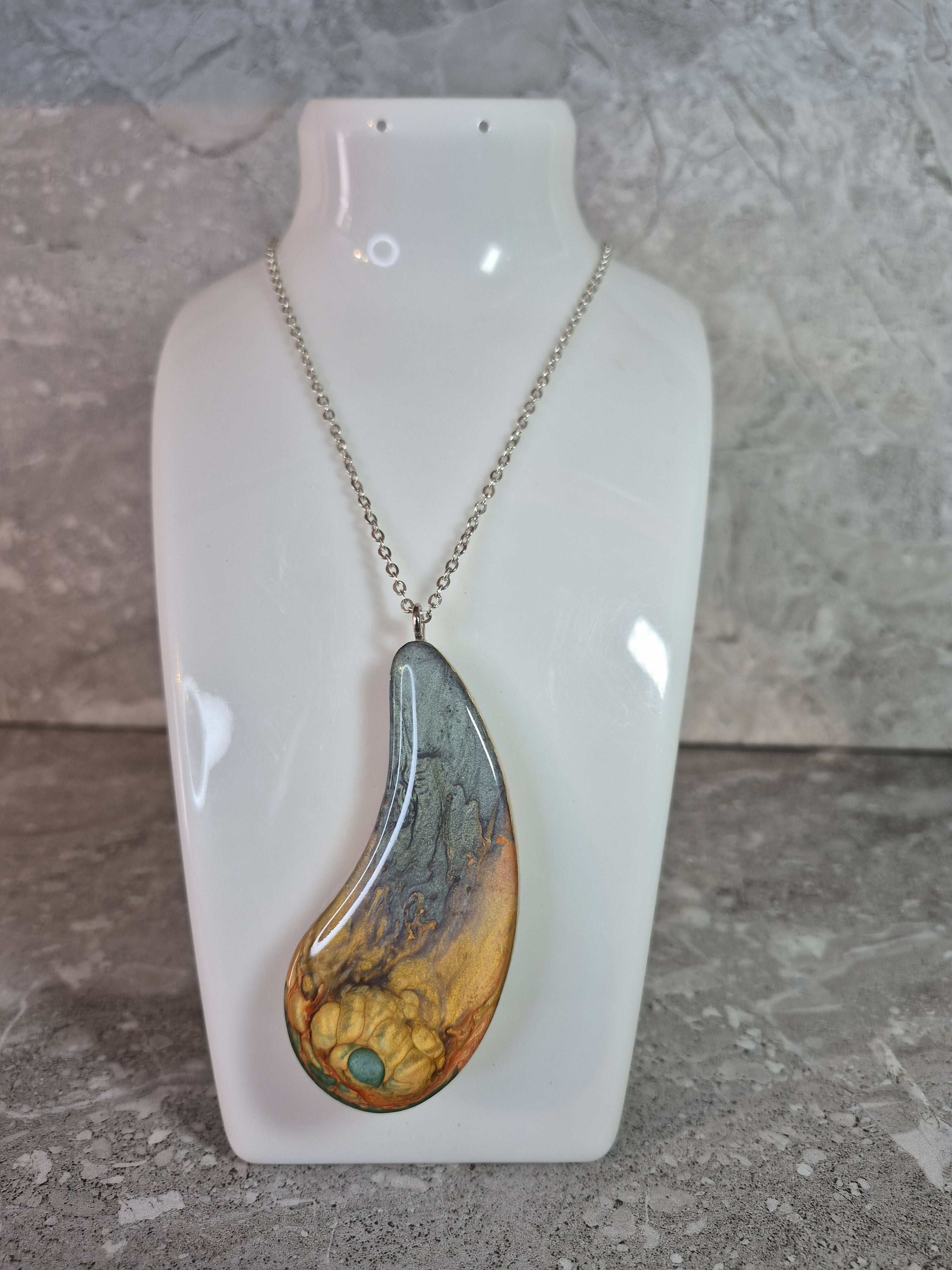 Unique Hand Crafted Double Sided Tear Drop Shape Pendant With Swirling Blue, Gold, Red and Green Colours