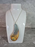 Unique Hand Crafted Double Sided Tear Drop Shape Pendant With Swirling Blue, Gold, Red and Green Colours