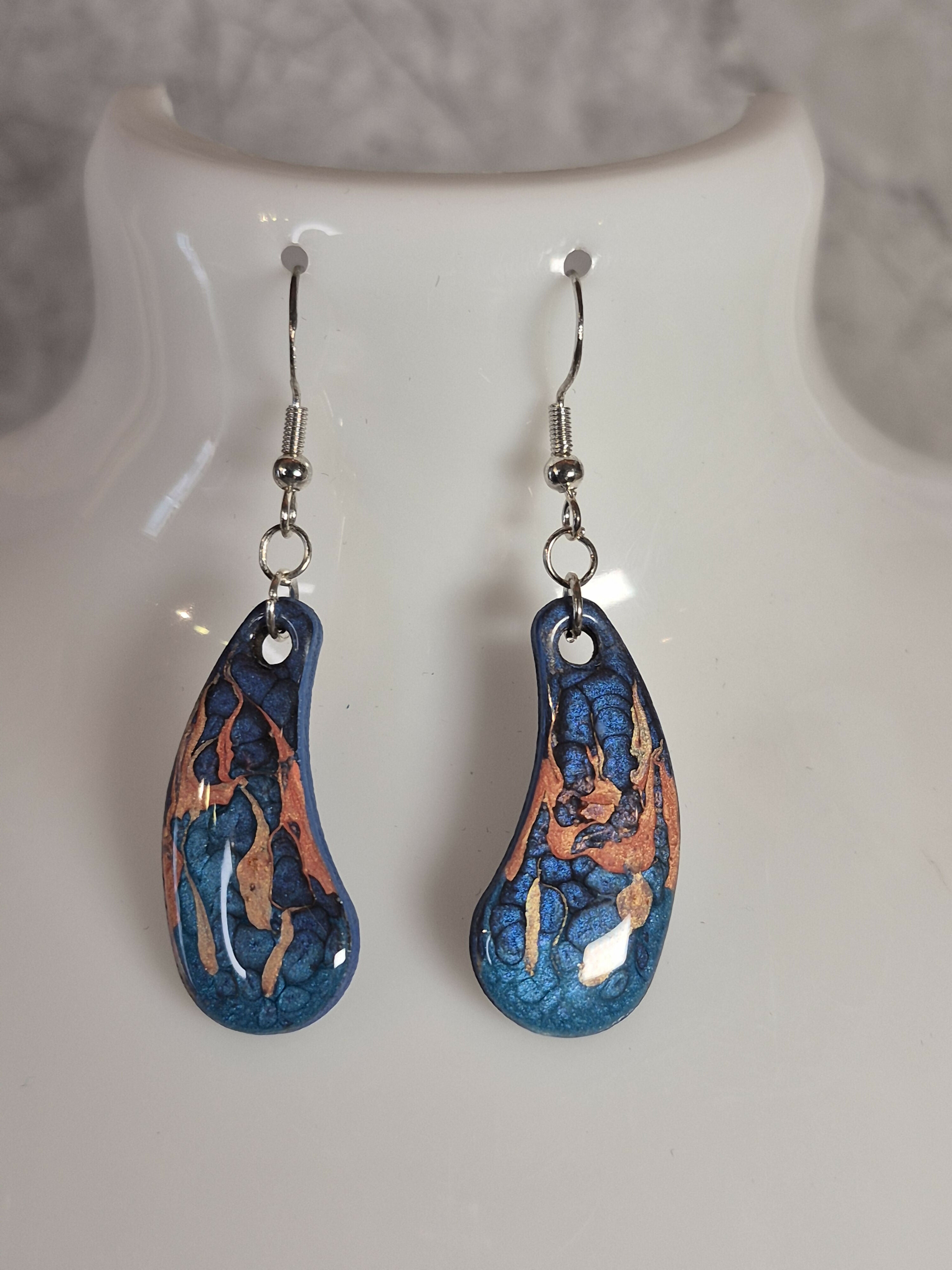 Handcrafted Teardrop Shaped Blue, Cyan And Salmon Pink Earrings