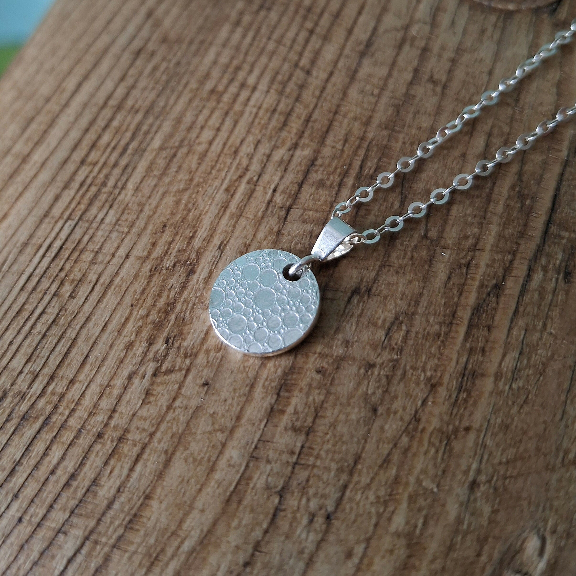 Handmade Round Silver Charm Necklace Bubble Texture