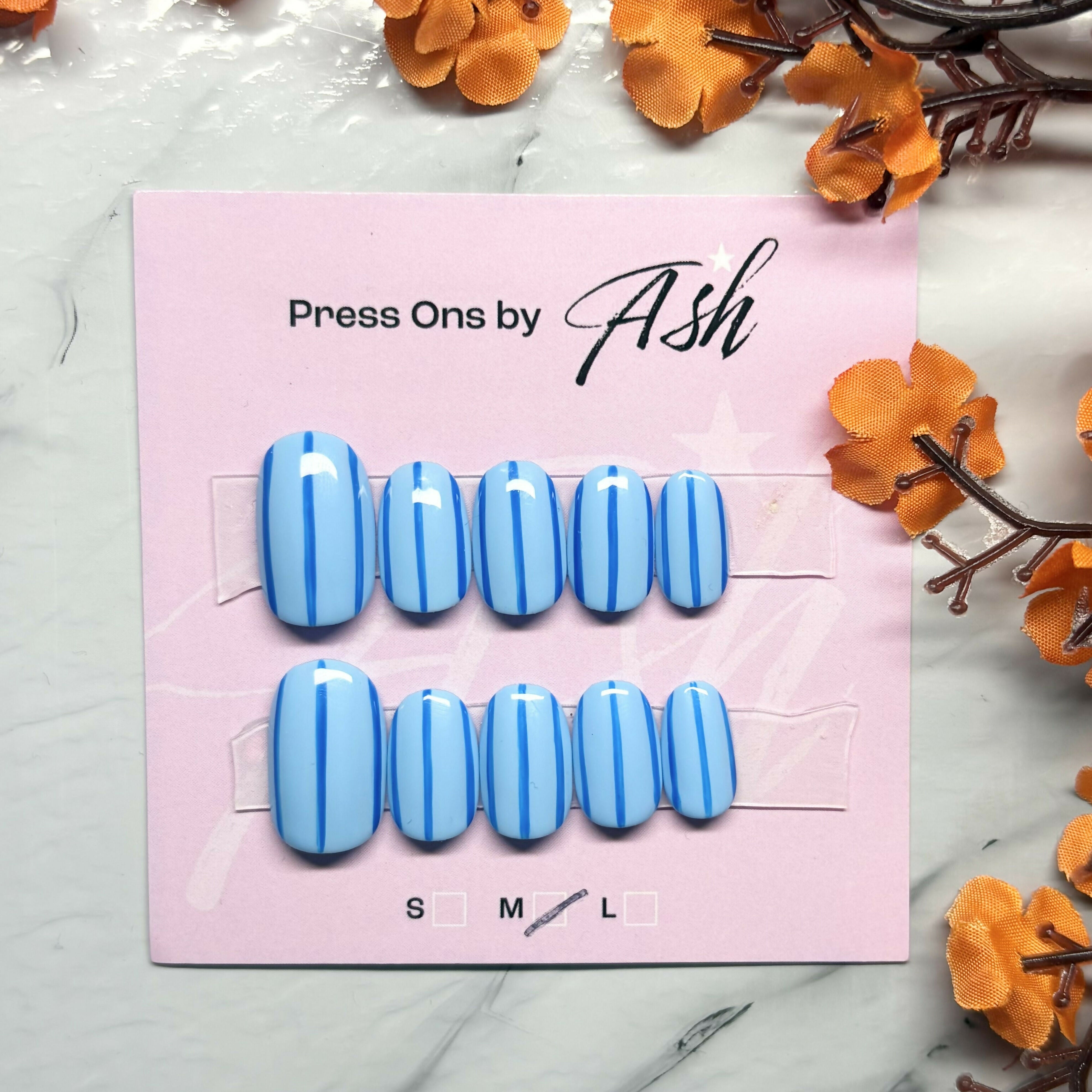 Reusable Blue Stripy Handmade Press On Nails