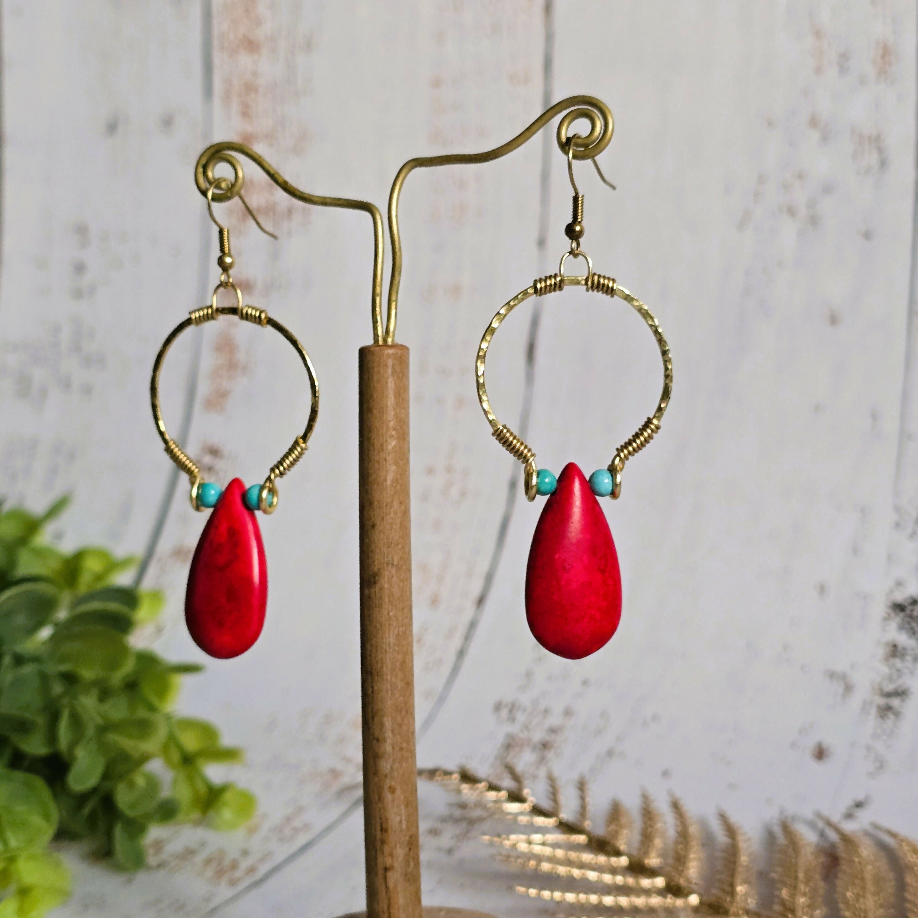 Red Howlite Gold Hoop Earrings; Hammered Brass Wire Red Crystal Turquoise Statement Earrings