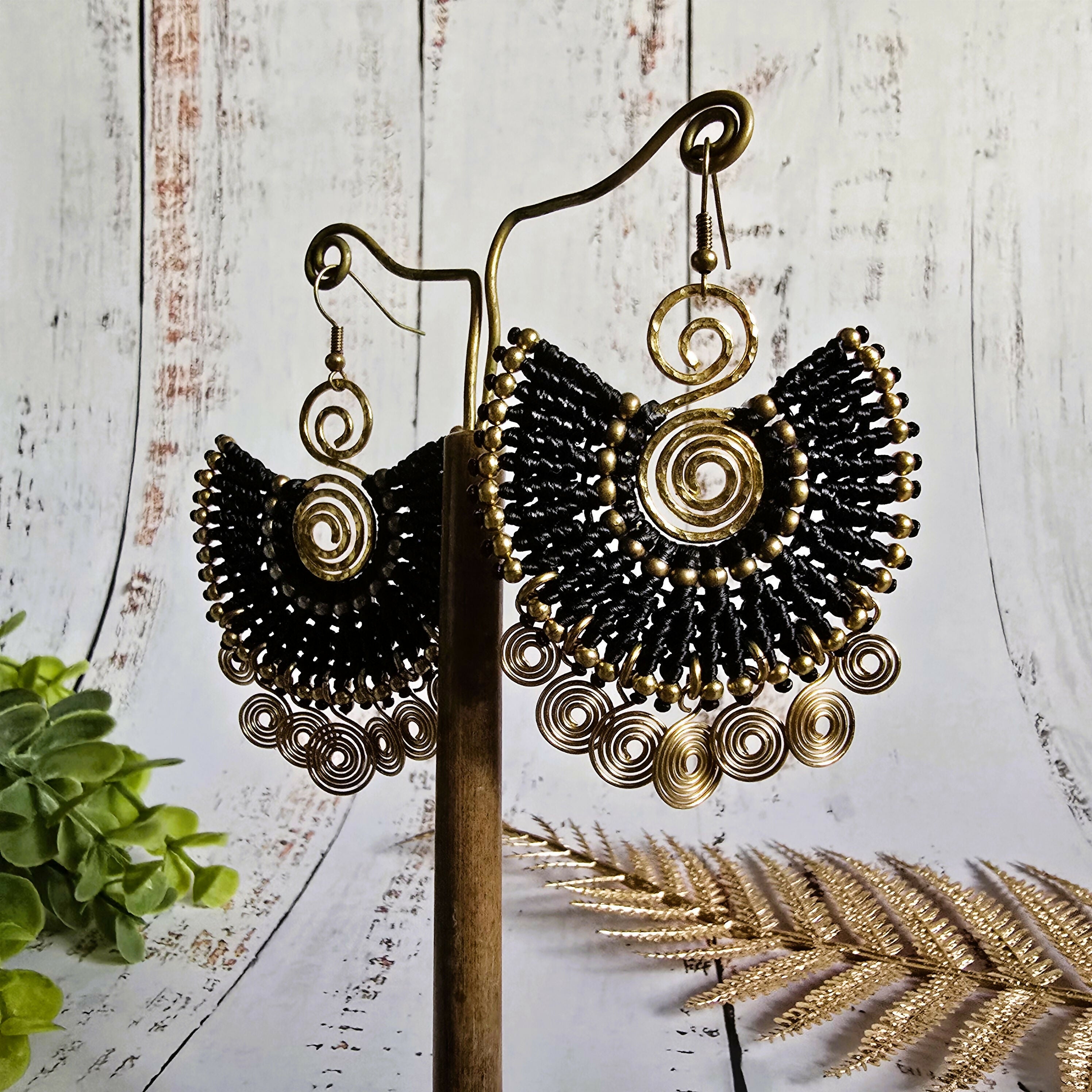 Egyptian Queen Earrings; Large Statement Black Macrame Gold Spirals Earrings