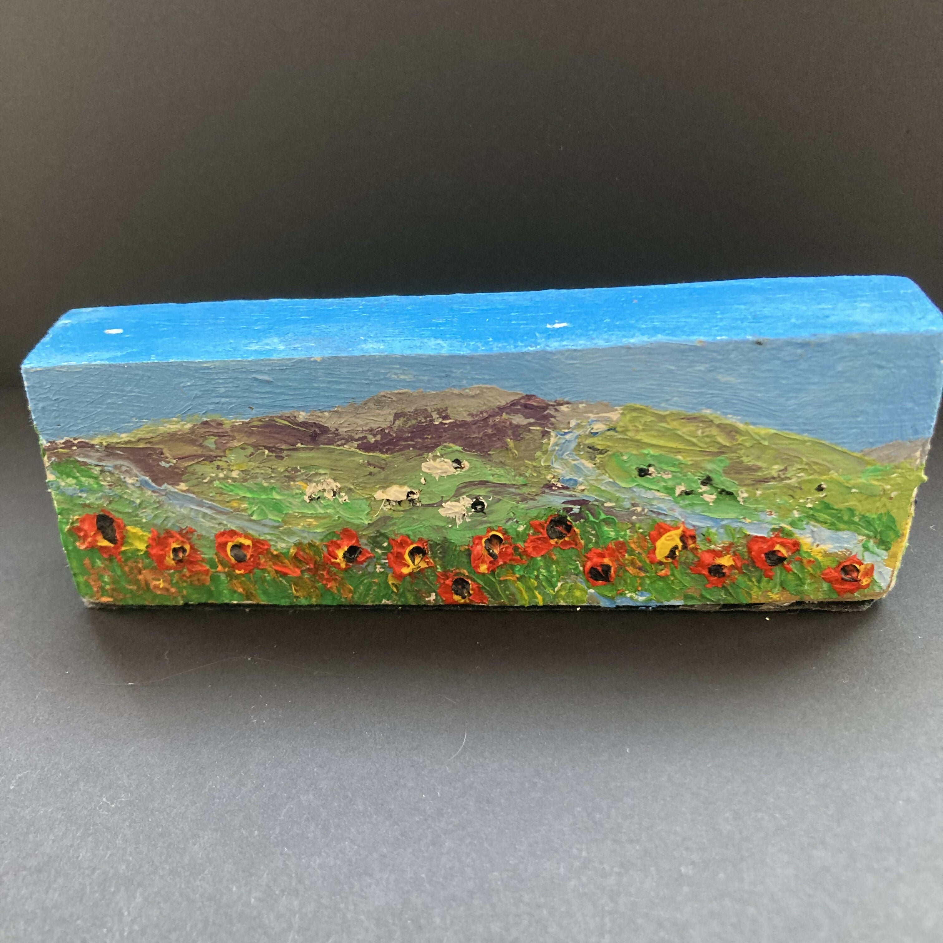 Dales Sheep In daffodils & Poppies Oil Painting wooden block