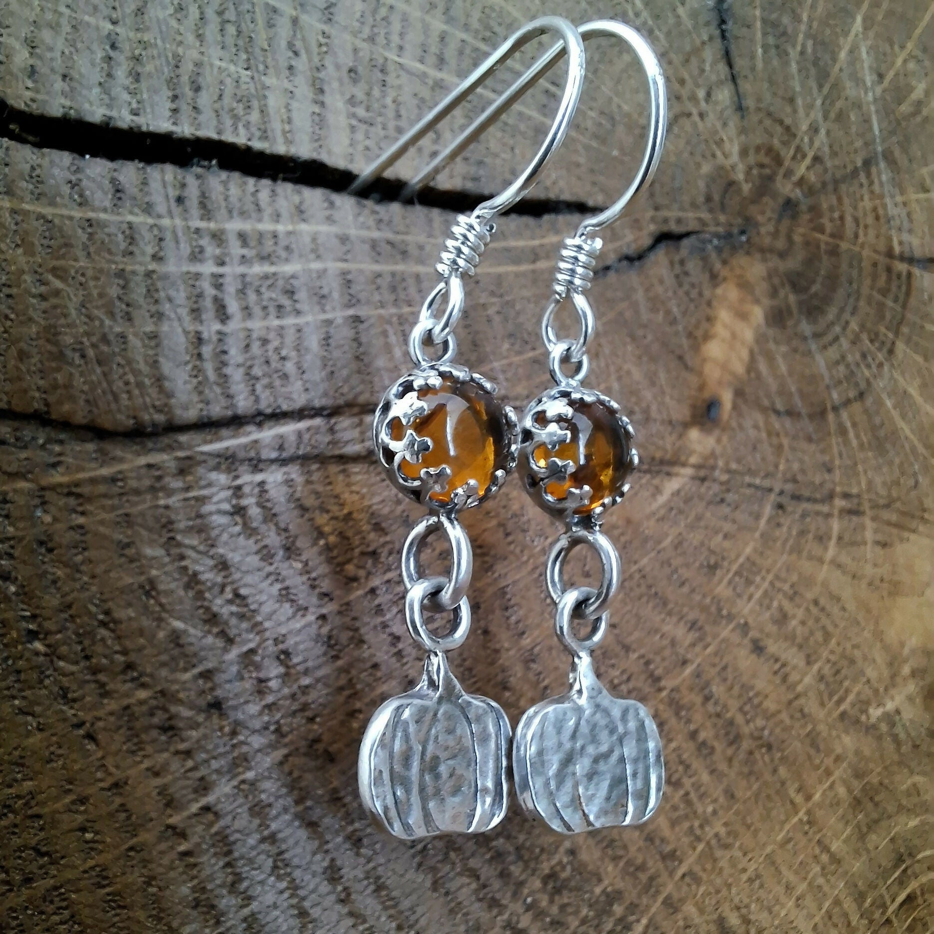 Handmade Silver Pumpkin Earrings With Amber