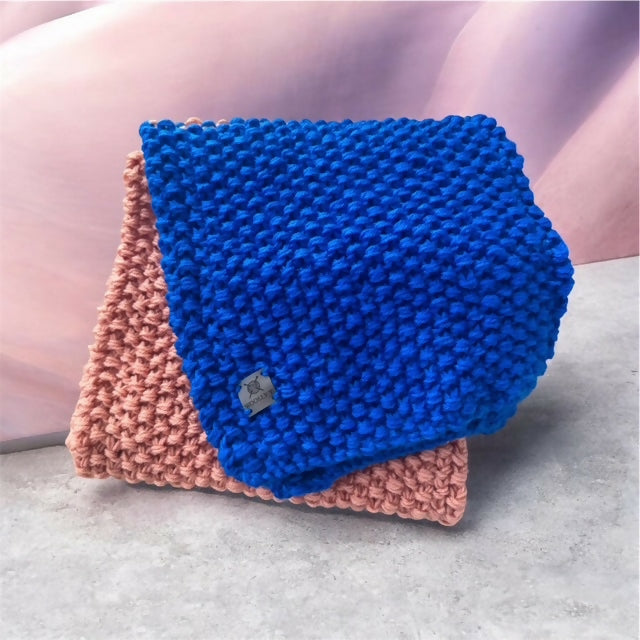 LARGE COSY CHUNKY SCARF - ELECTRIC BLUE & PINK SALMON