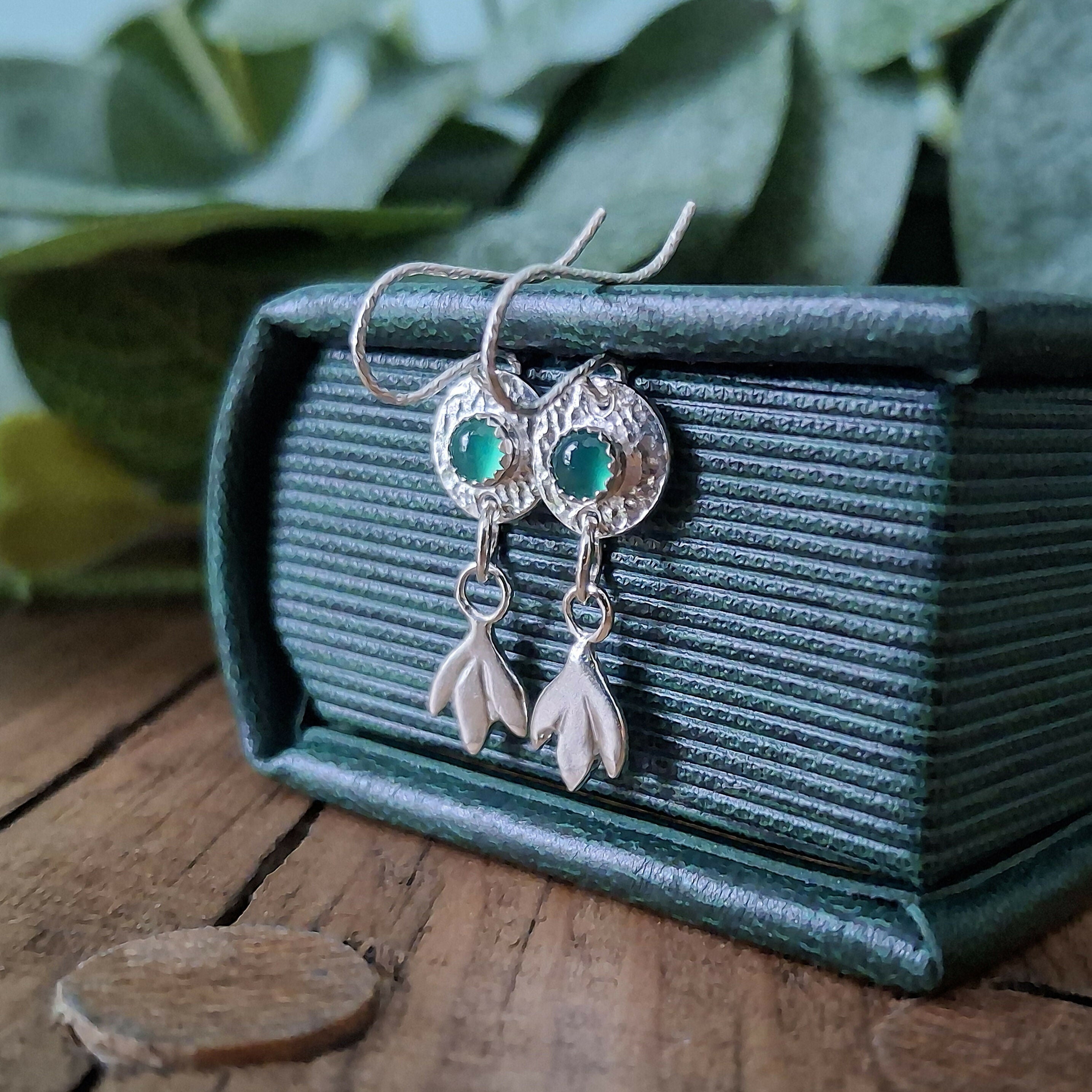 Handmade Silver Snowdrop Earrings With Green Onyx Stones
