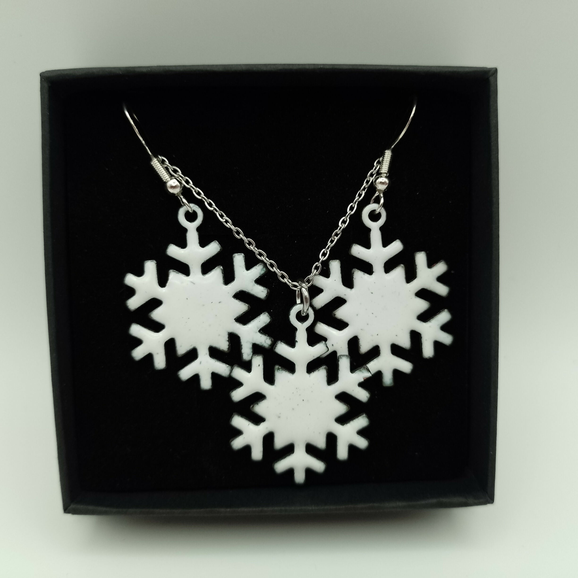 White Enamel Snowflake Earring and Pendant Set