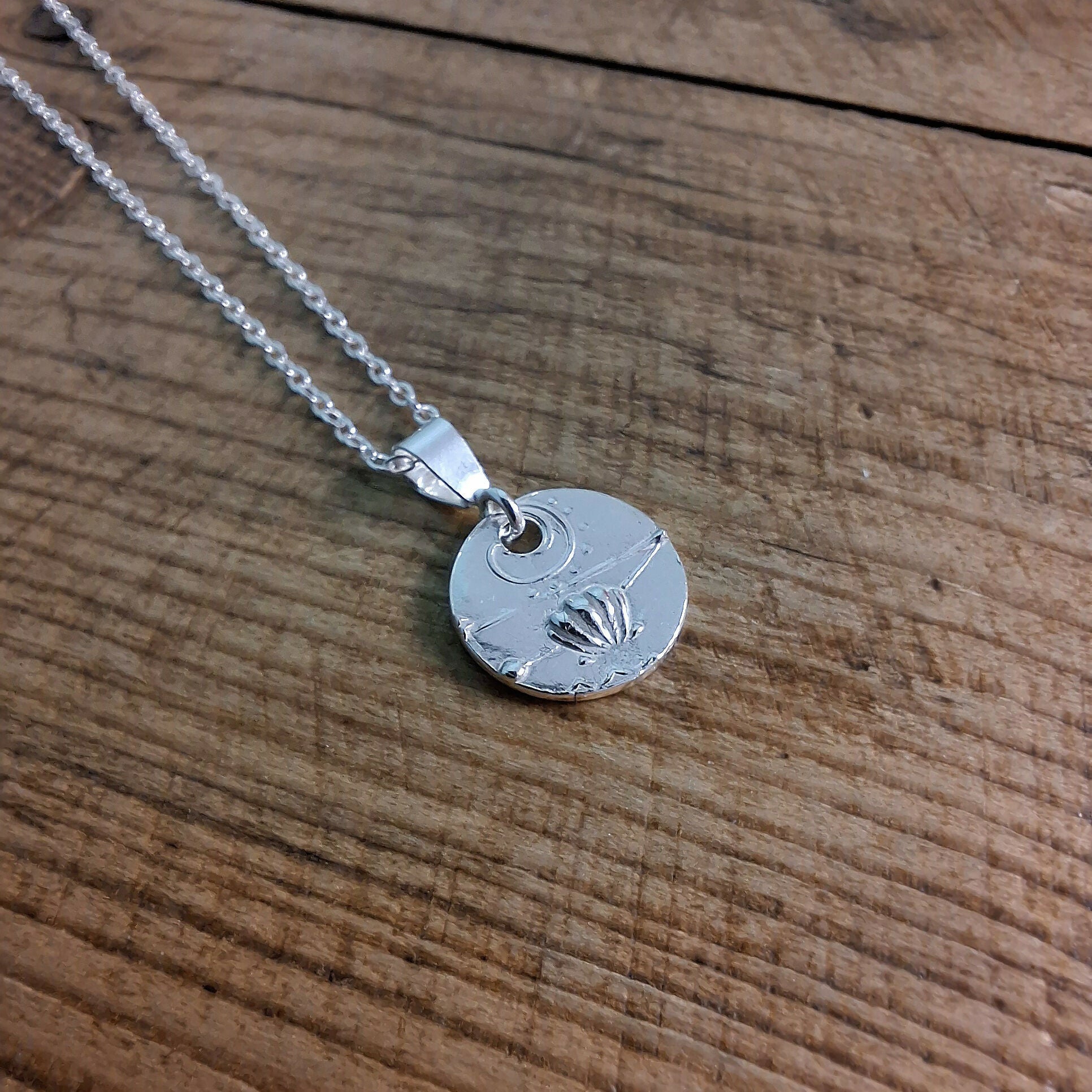 Handmade Round Silver Charm Necklace Seaside Texture