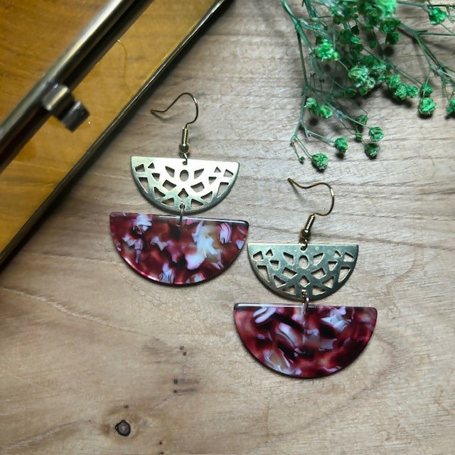 Funky Gold Plated Red Half Circle Earrings