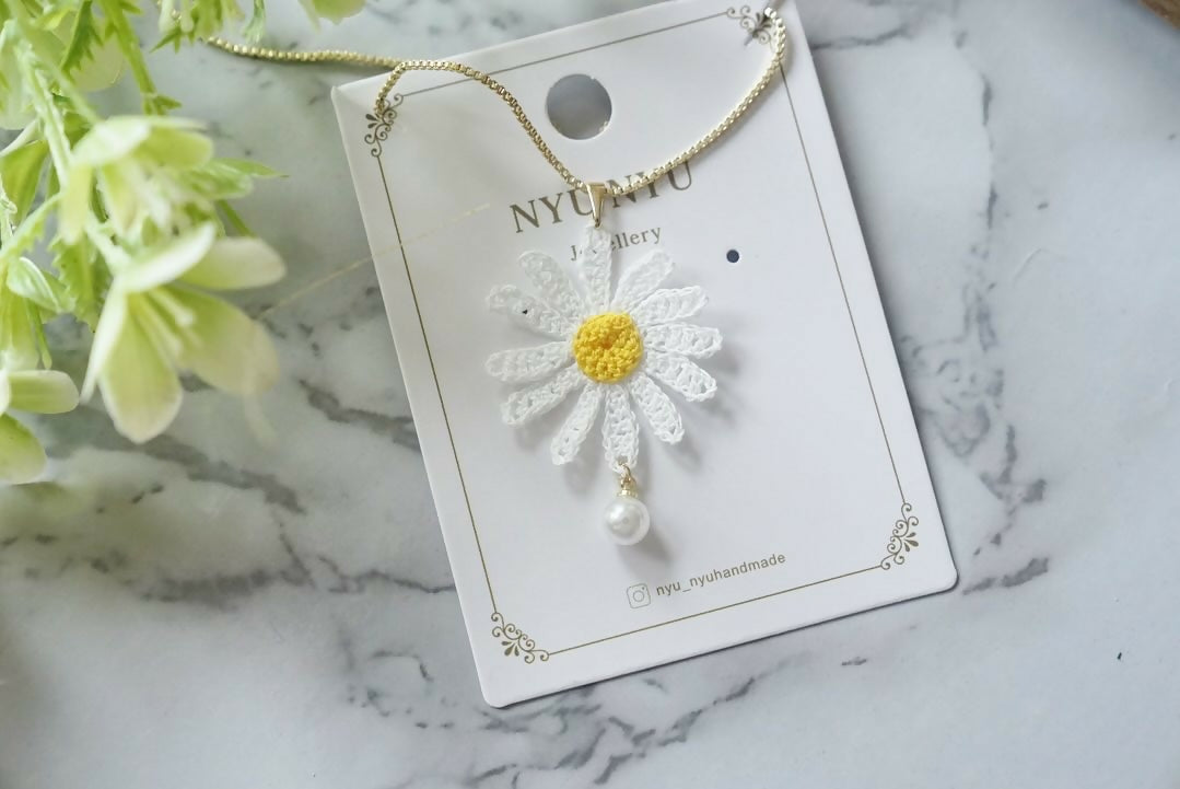 White Daisy Flower with Pearl Necklace