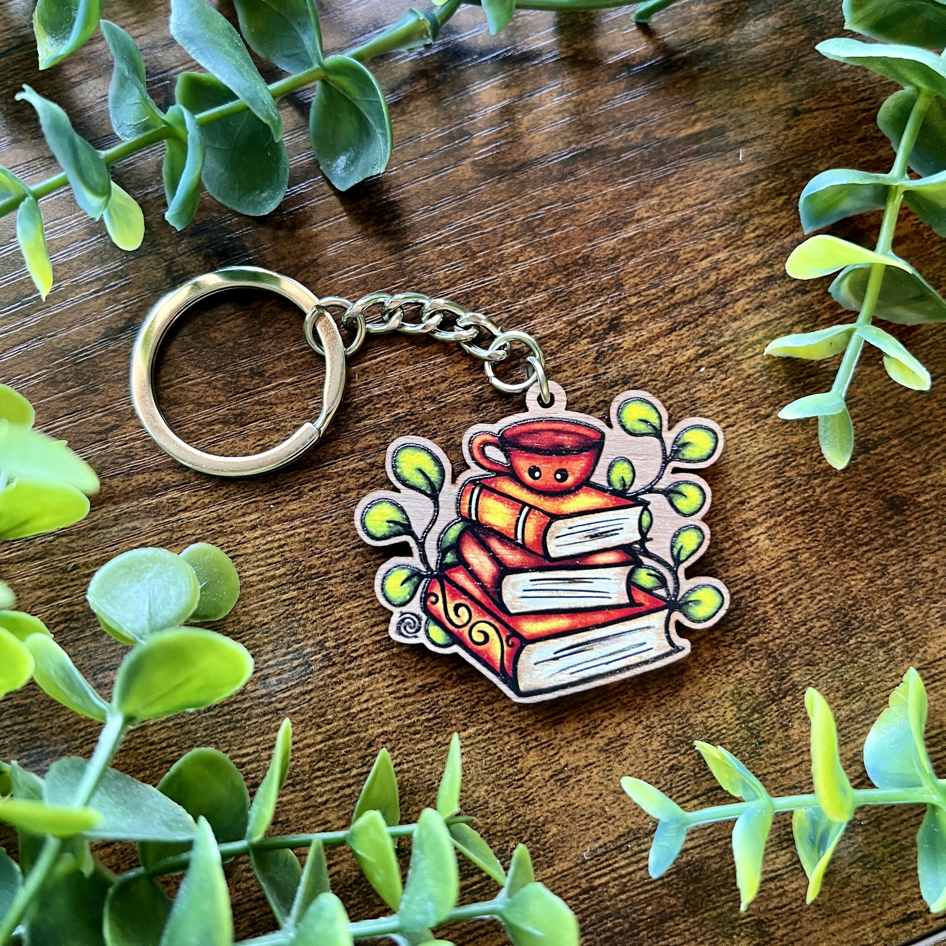 Book Stack Wooden Keyring