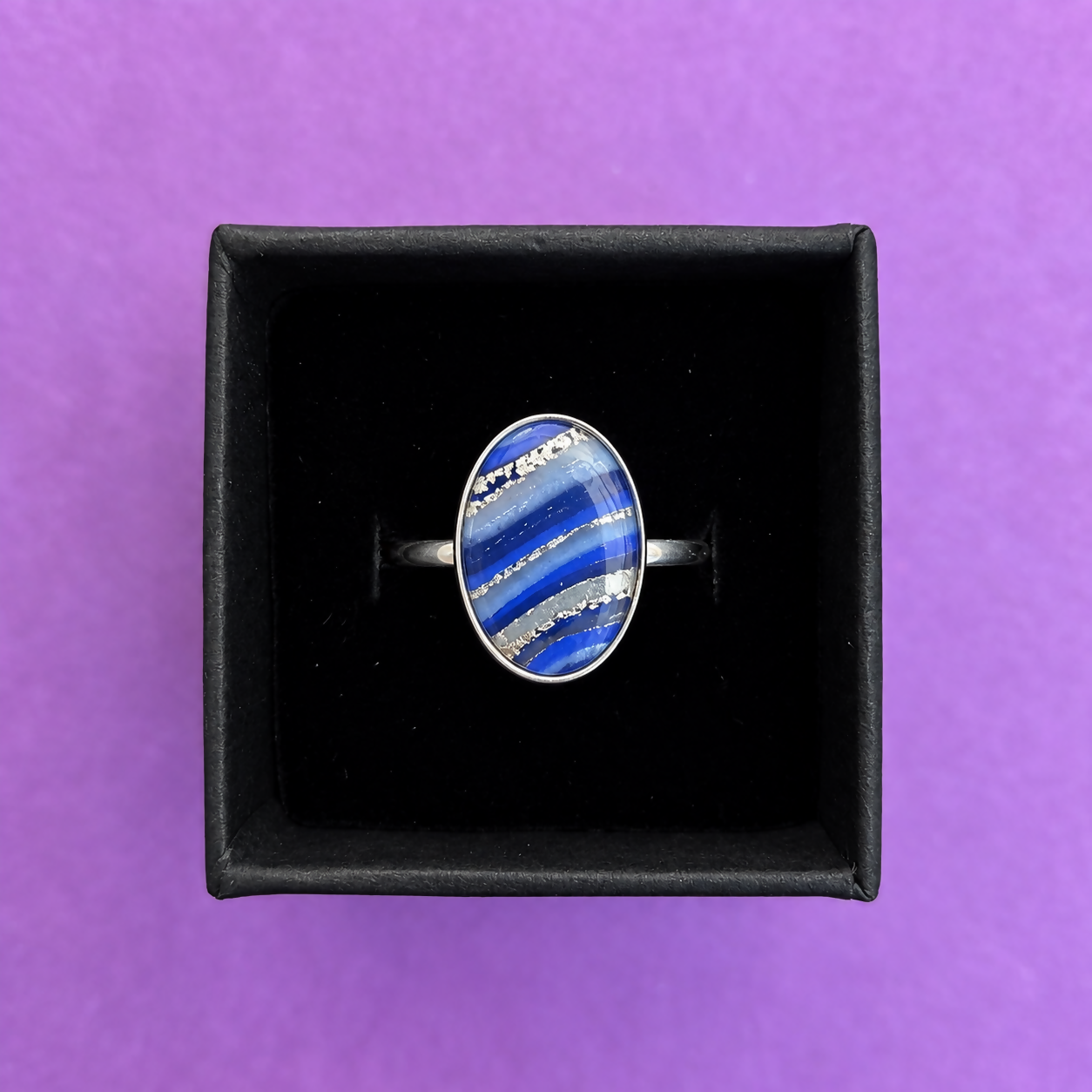 Blue & Silver Faux Stone Oval Adjustable Ring