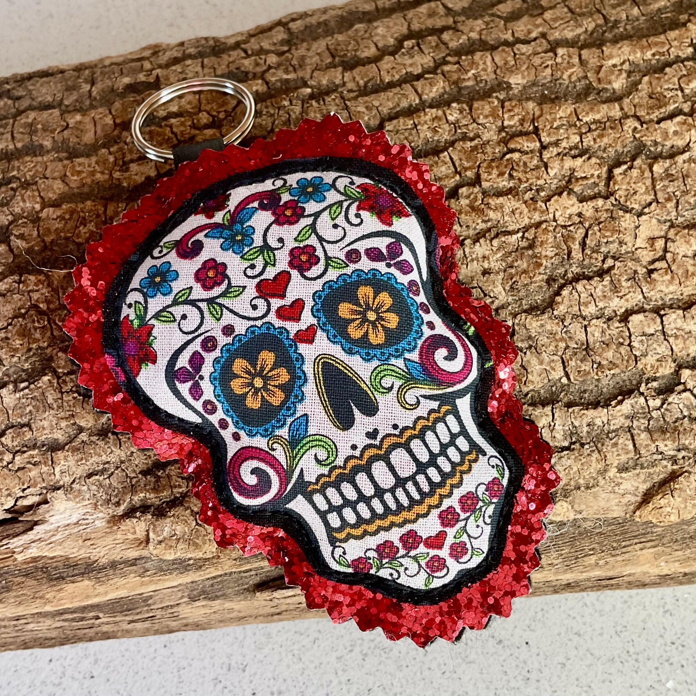 Bright Sugar Skull Keyring, Fabric Sugar Skull Key Ring With Glitter Background, Sparkly Bag Charm, Halloween Gift
