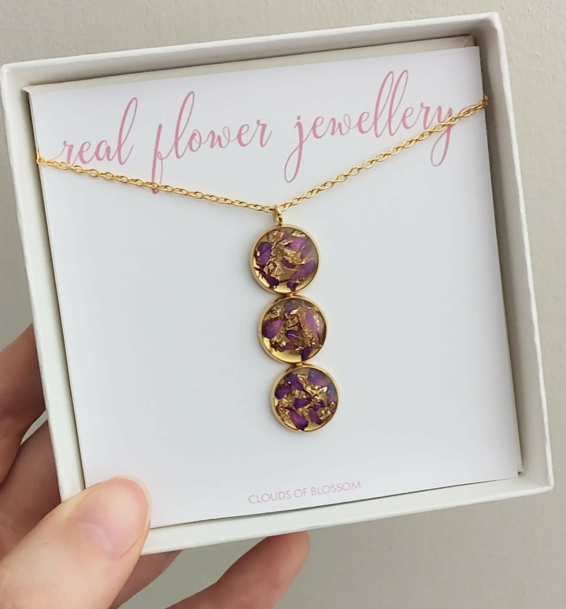 Purple Real Flower Triple Circle Necklace Gold Plated