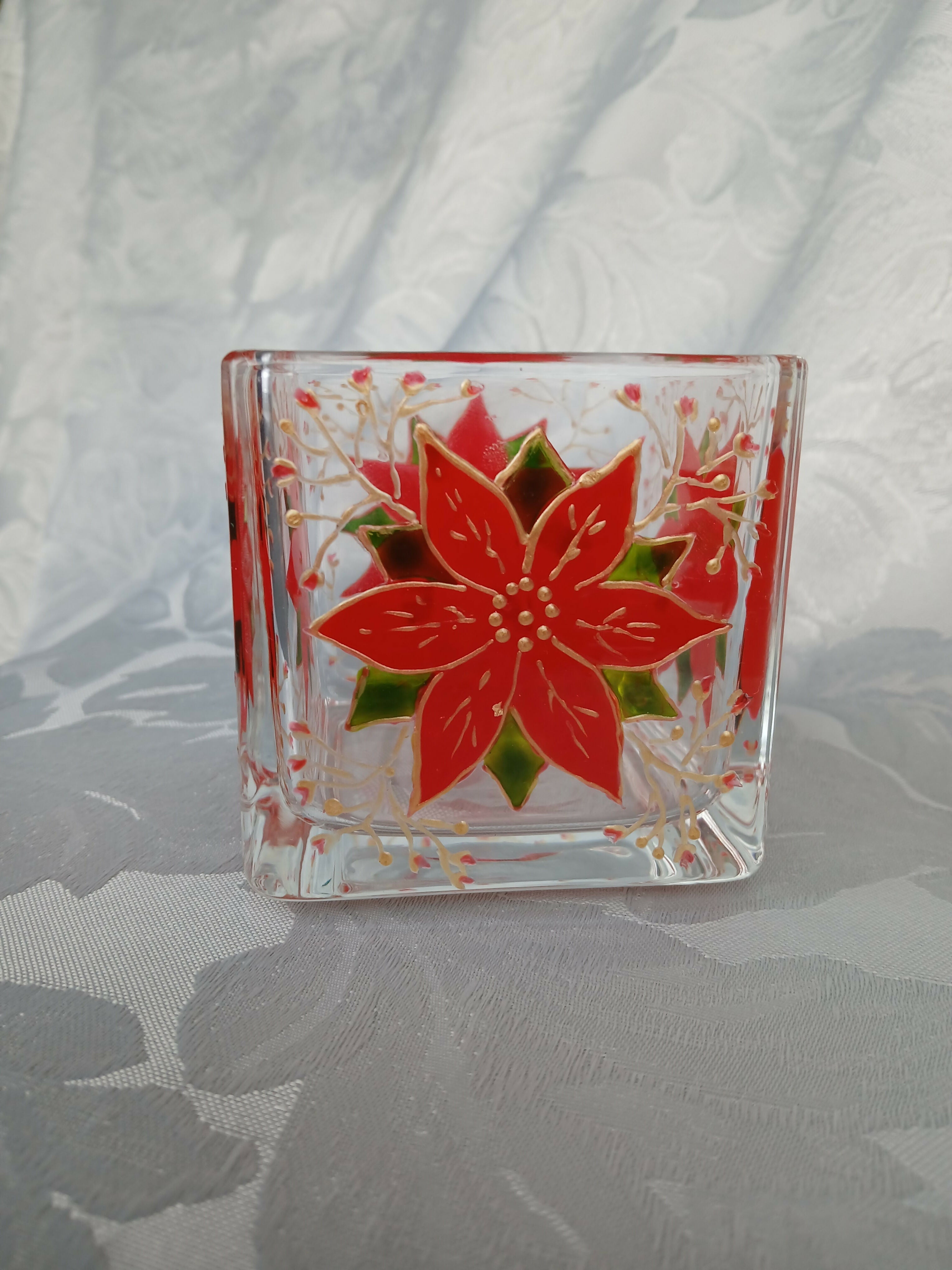 Hand Painted Glass Candle Holder.