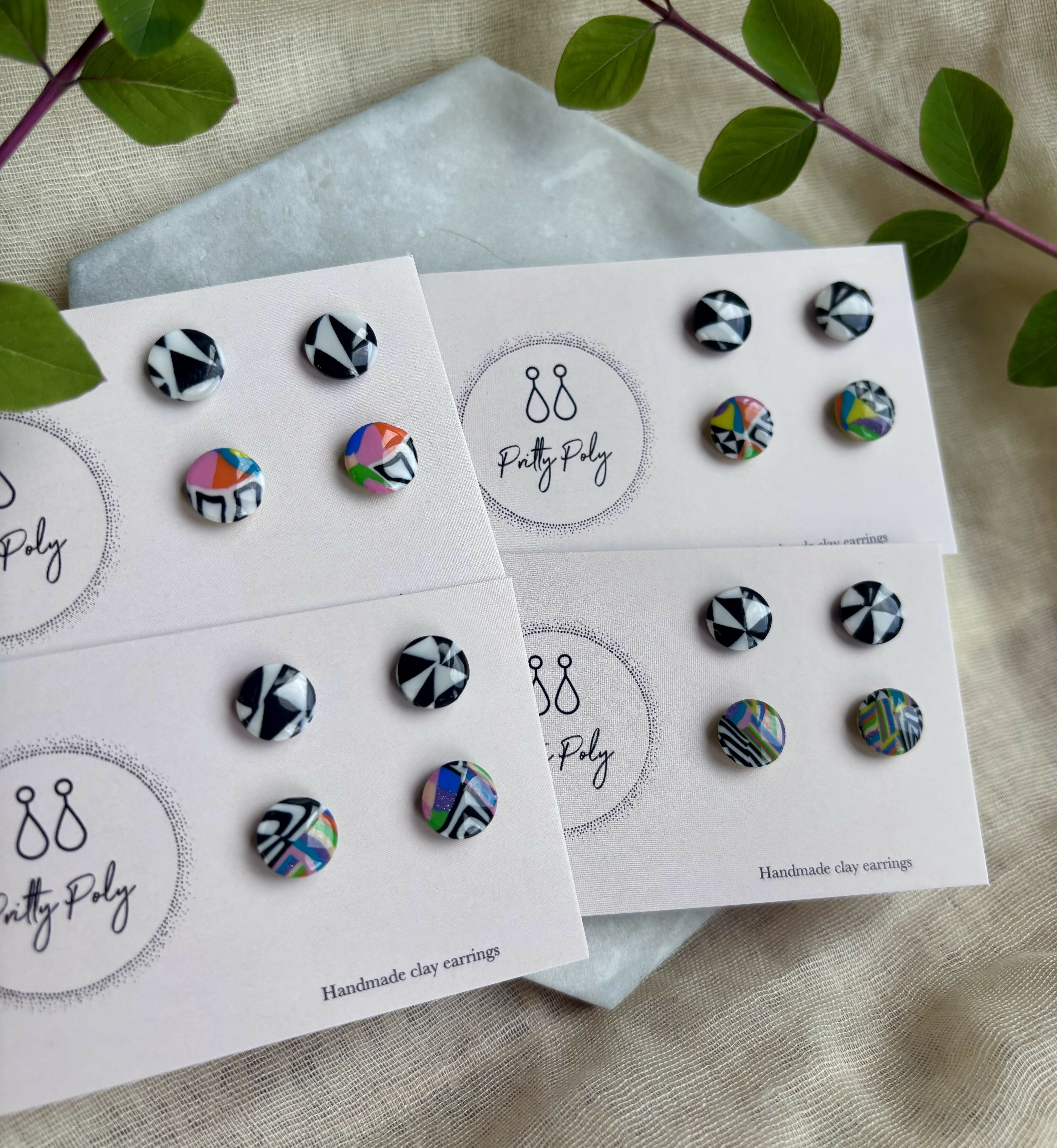 Polymer Clay Stud Pack - Black and White and Colour Pattern