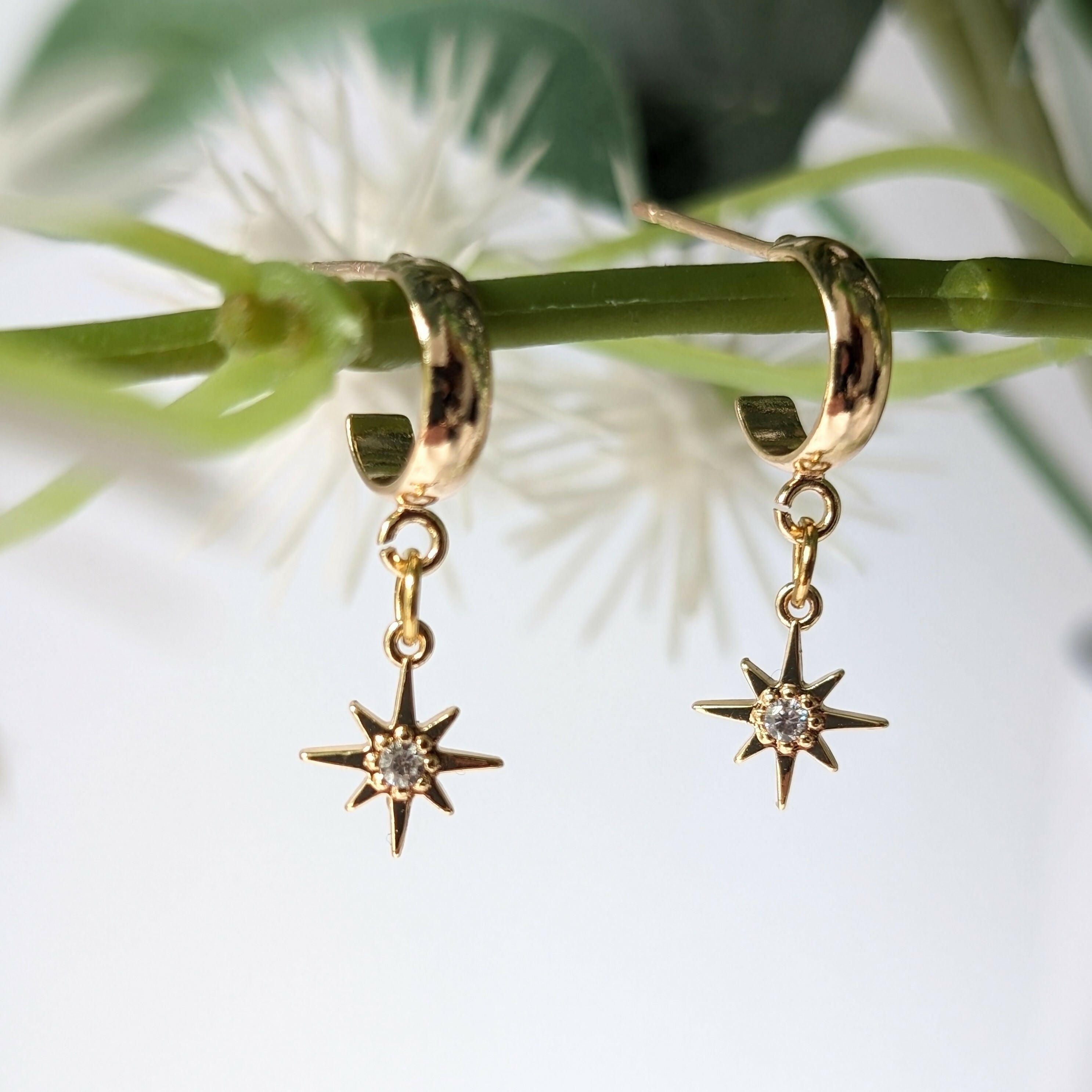 Tiny Gold Cubic Zirconia Star Earrings on a Gold Plated Half Loop Huggie Stud