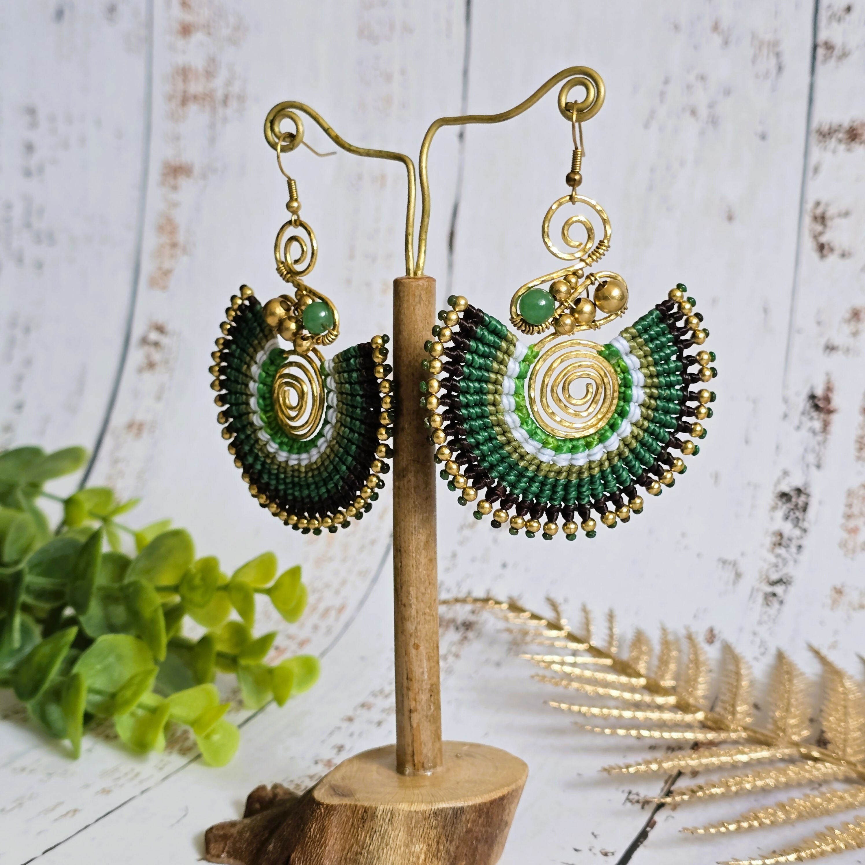 Green Jade Crystal Earrings; Full Moon Macramé Earrings With Gold Spiral & Bohemian Wirework