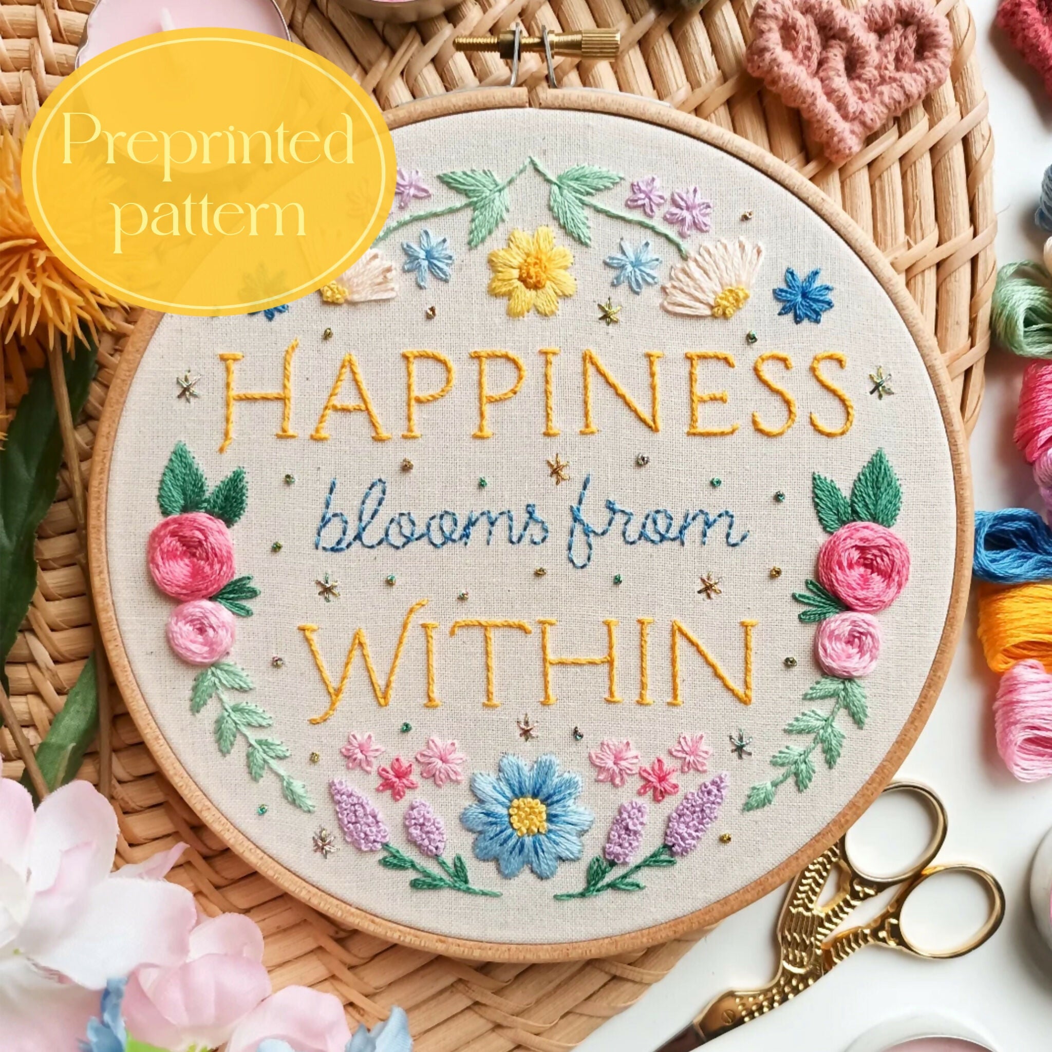 Preprinted Embroidery Pattern For Beginners - Happiness Blooms From Within