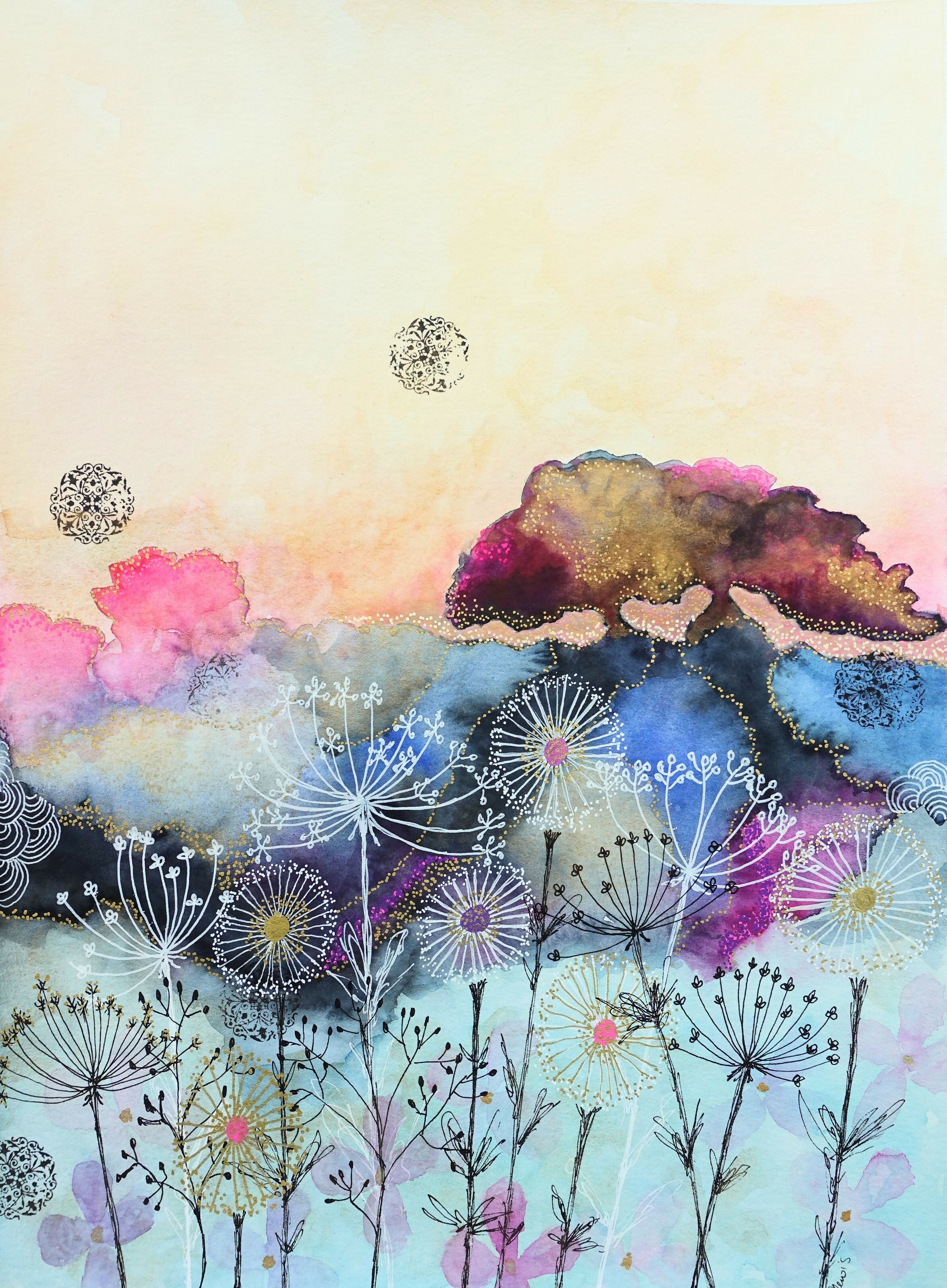 'Sunset Behind the Trees' Original Mixed Media Painting