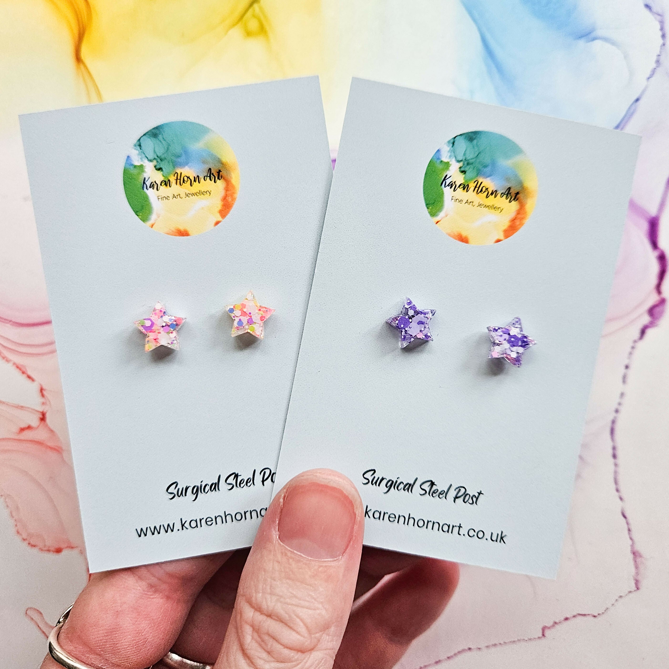 Handmade Glitter Stars Resin Studs Purple Pink Or White Neon