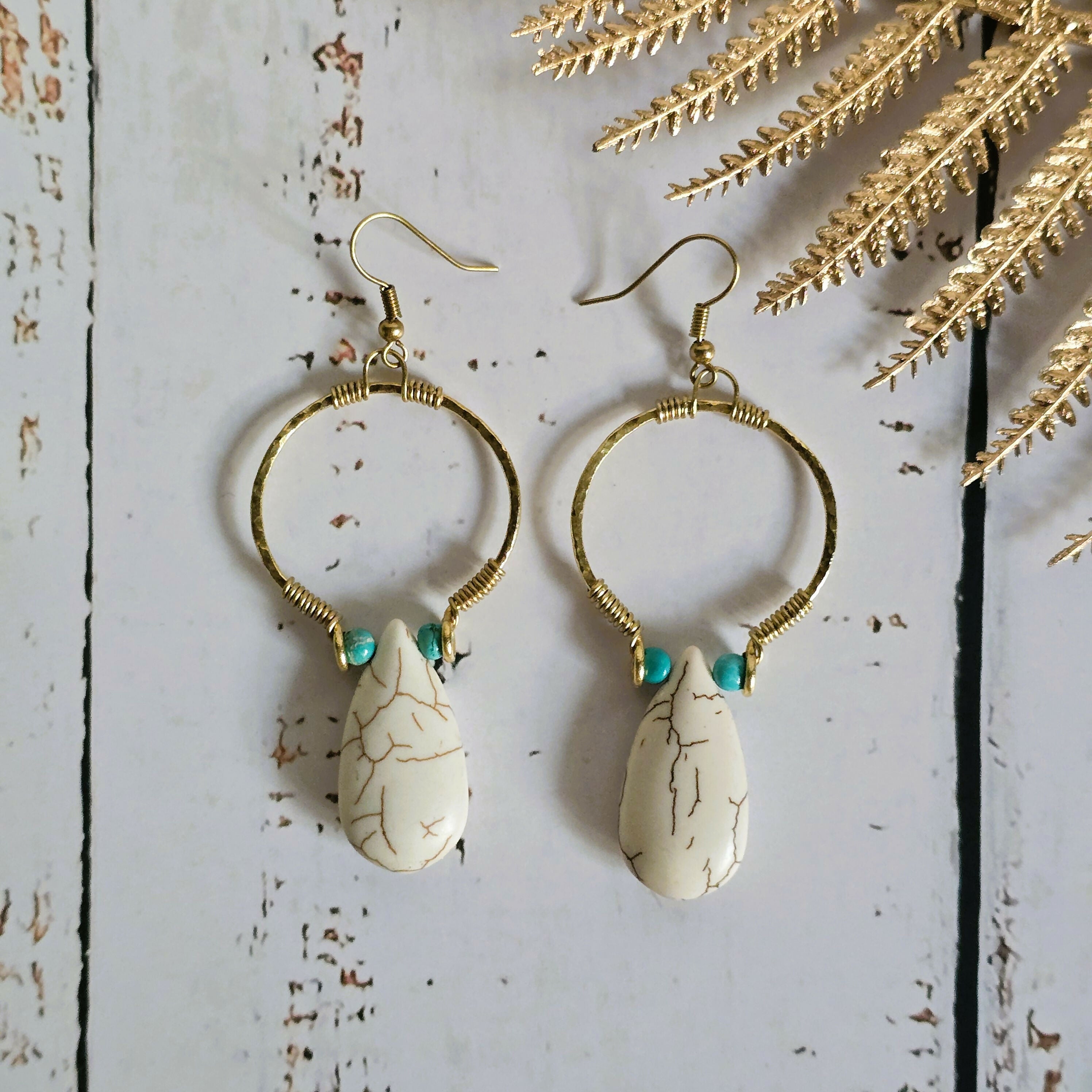 White Howlite Hoop Earrings; Hammered Brass Wire Boho Crystal Turquoise Thai Earrings