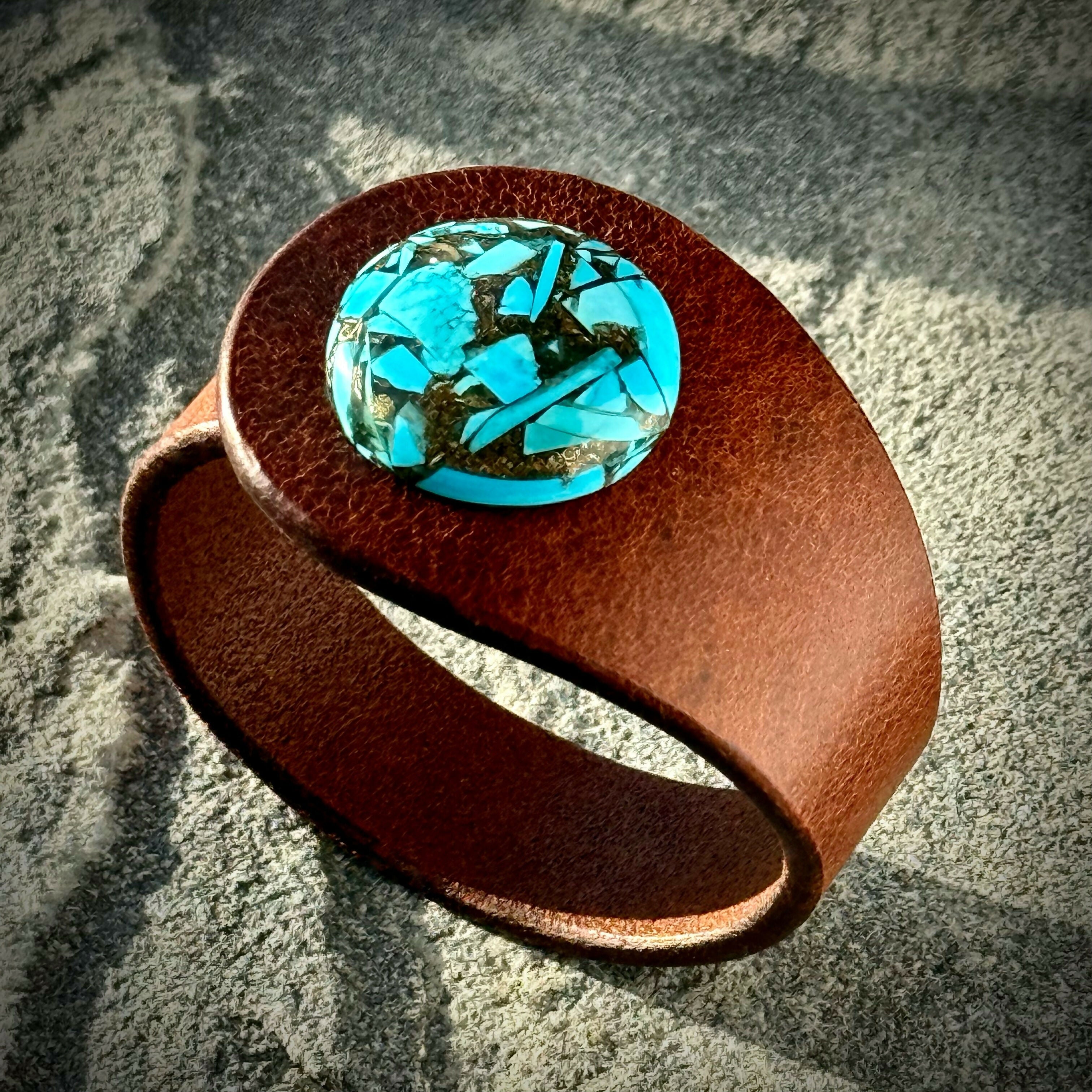 Handcrafted Natural Leather & Mohave Turquoise Gemstone Bracelet - Size S or M
