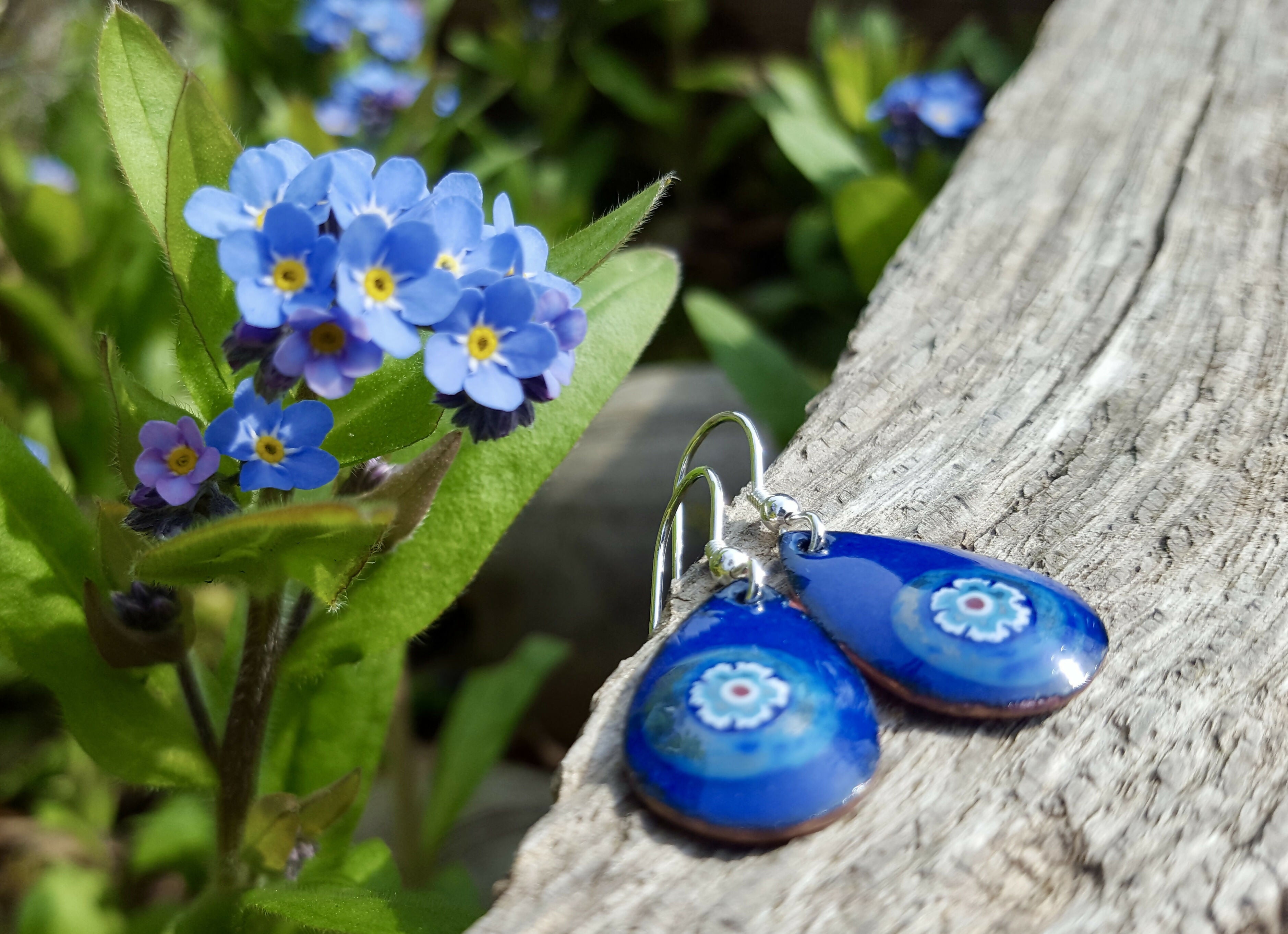 Forget-me-not Enamelled Flower Earrings with Sterling Silver Hooks