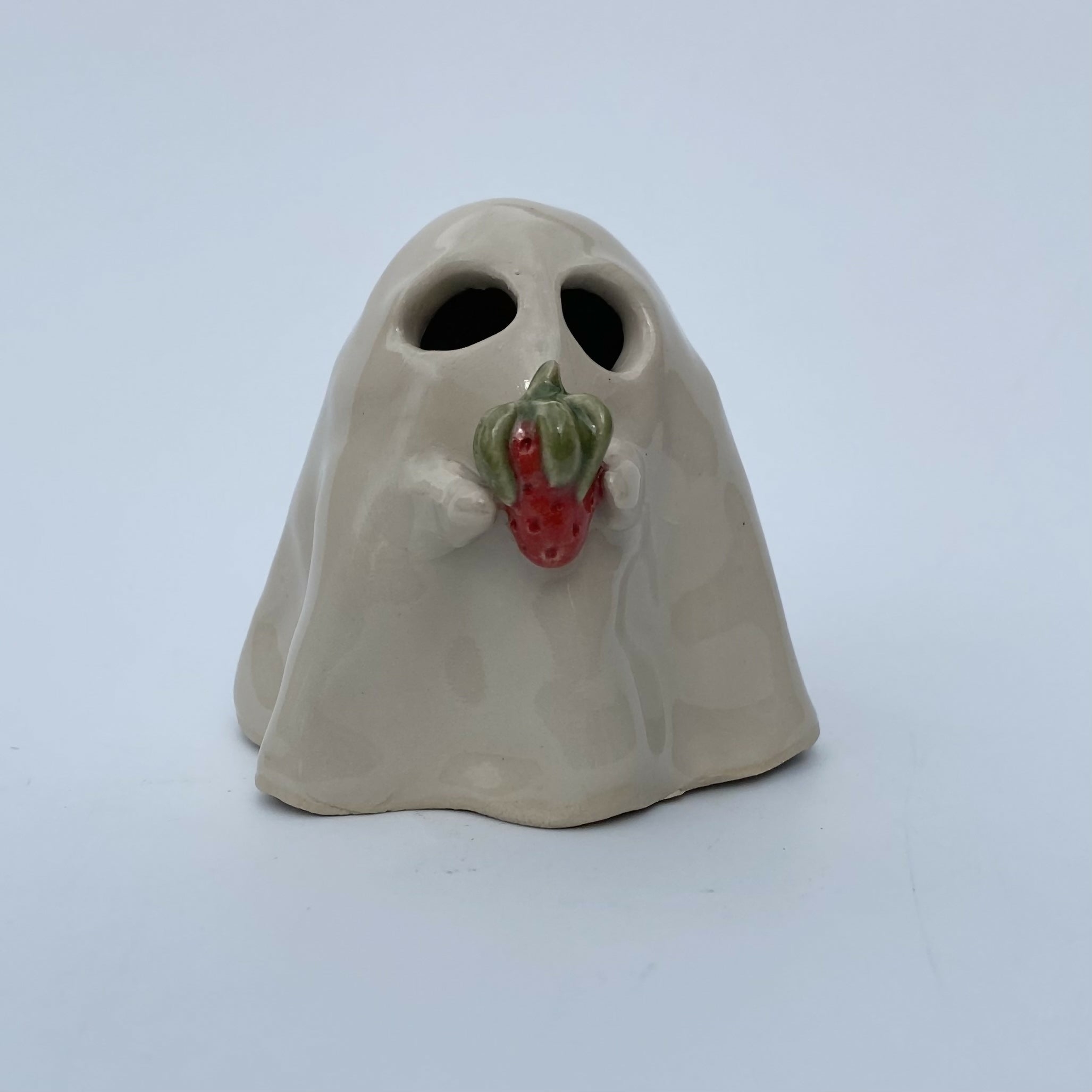 Handmade Ceramic Ghost Ornament Holding A Strawberry