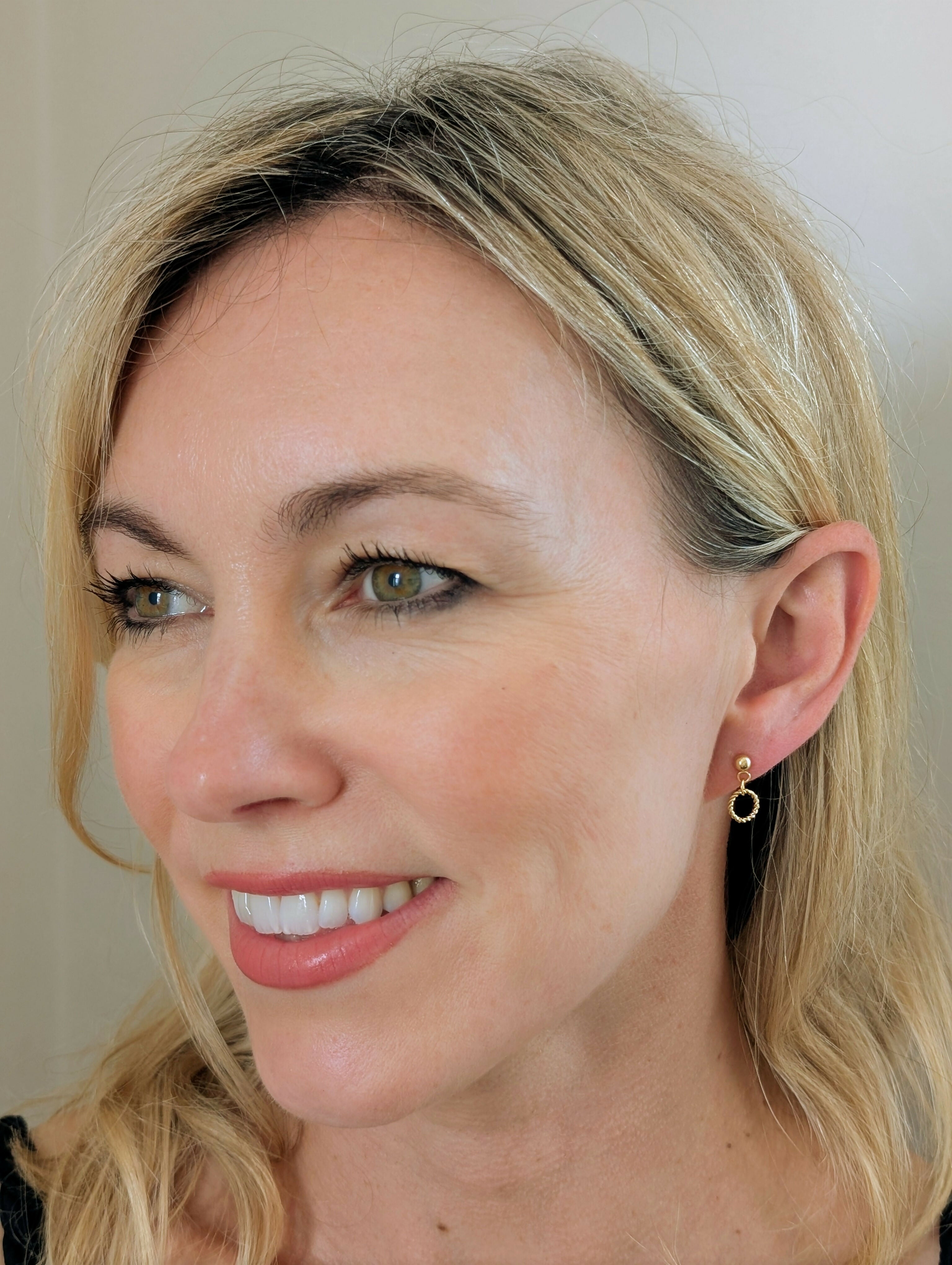 Tiny Minimalist Circle Earrings in Rope Twist Style on a Gold Plated Stud