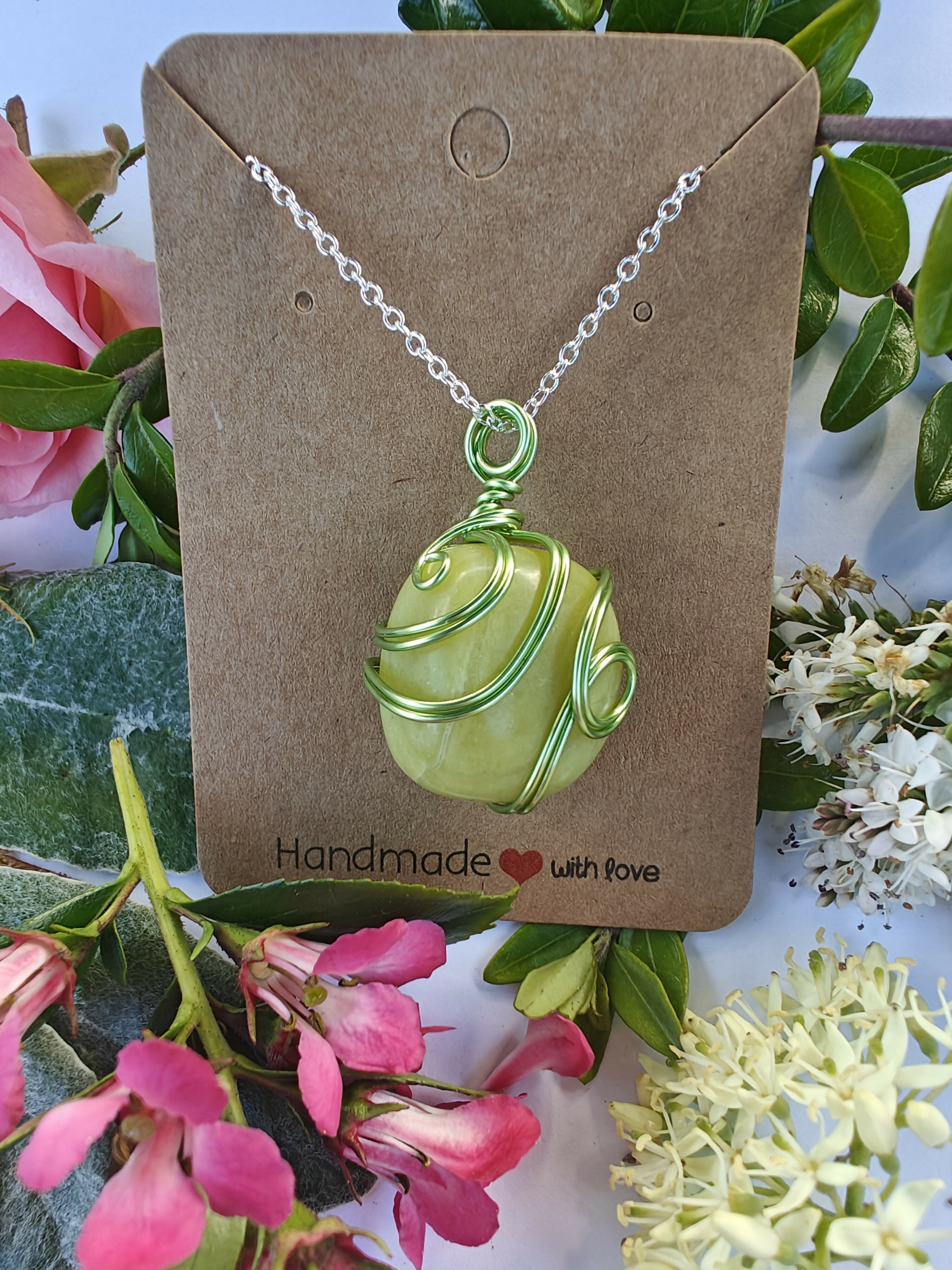 Lemon Jade Wire Wrapped Crystal Necklace on Sterling Silver Chain