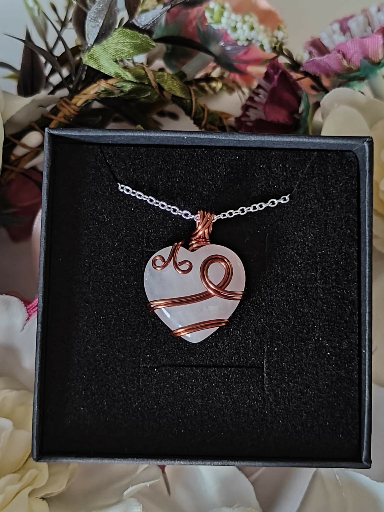 Rose Quartz Wire Wrapped Crystal Heart Necklace on Sterling Silver Chain
