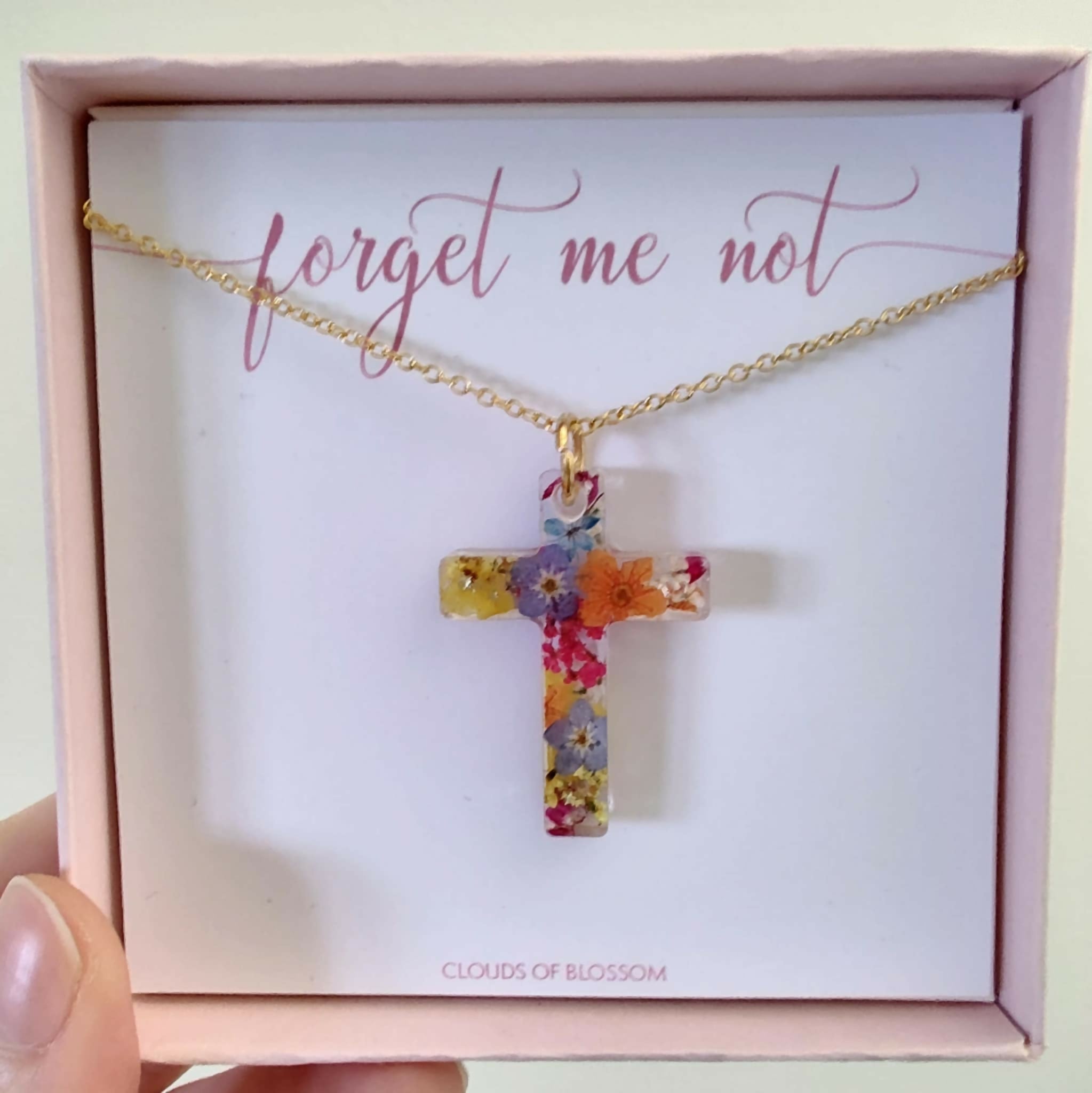 Real Flower Multicolour Cross Necklace Gold Plated