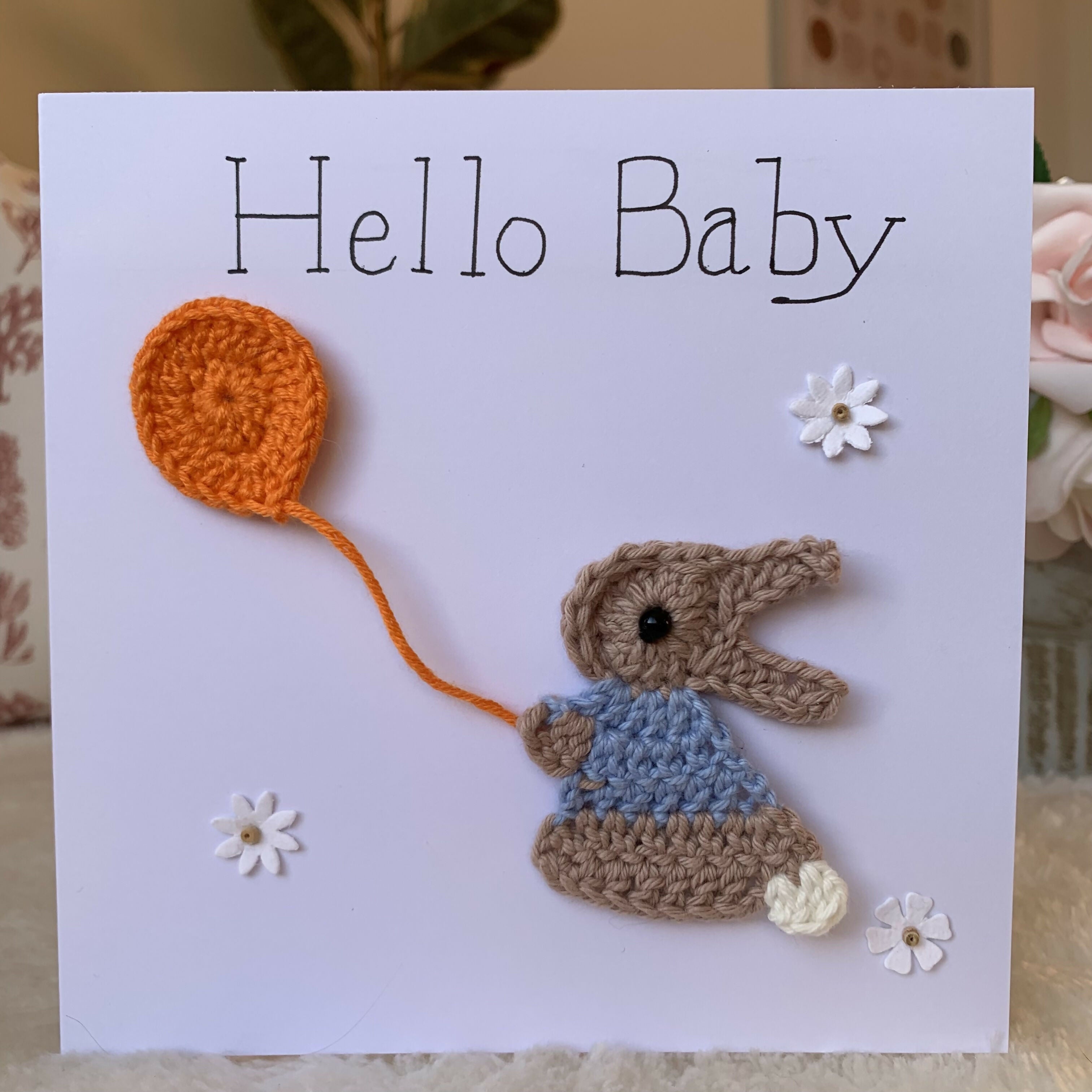 Hello Baby Crocheted card with Rabbit or Elephant
