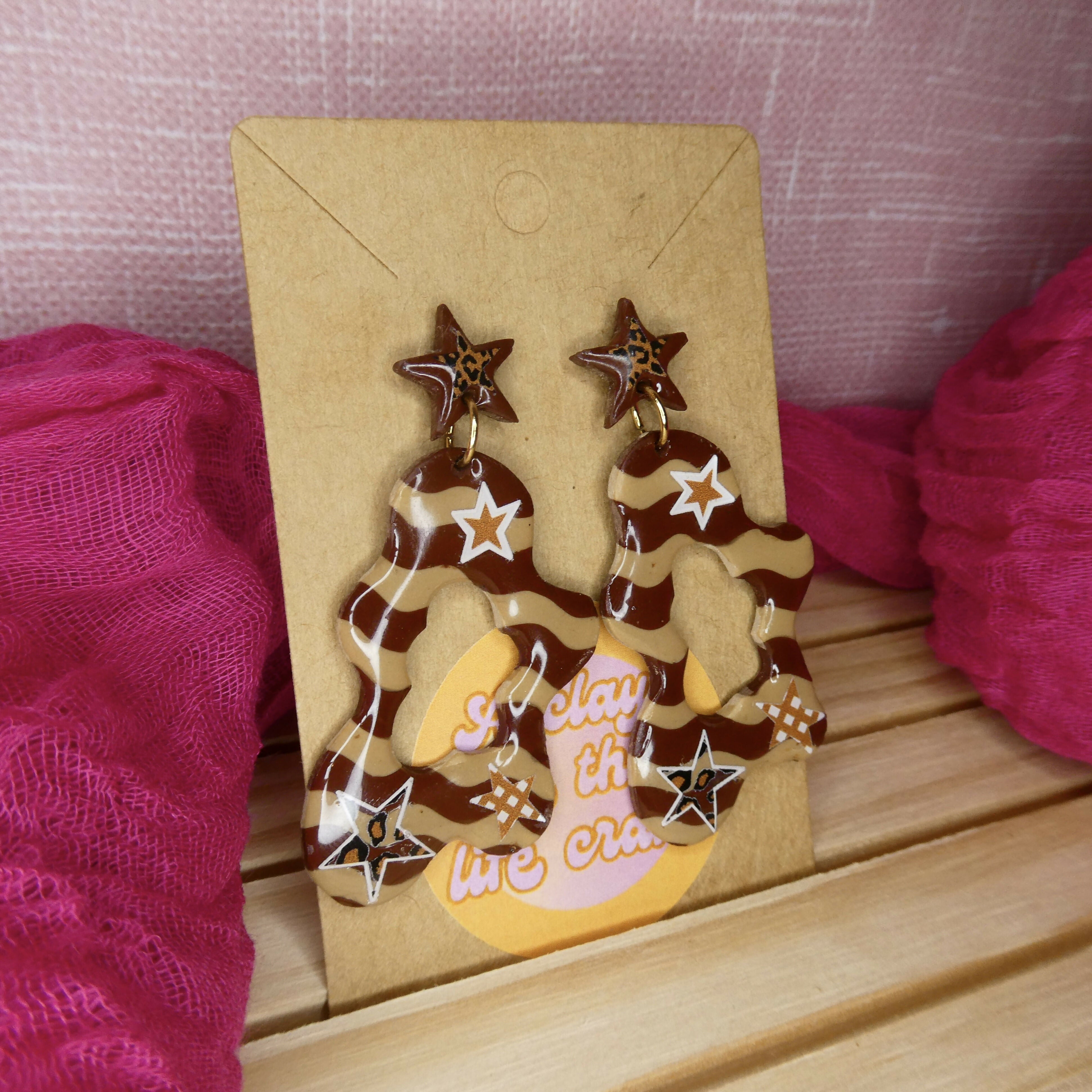 Wavy Squiggle And Star Polymer Clay Earrings In Brown And Nude