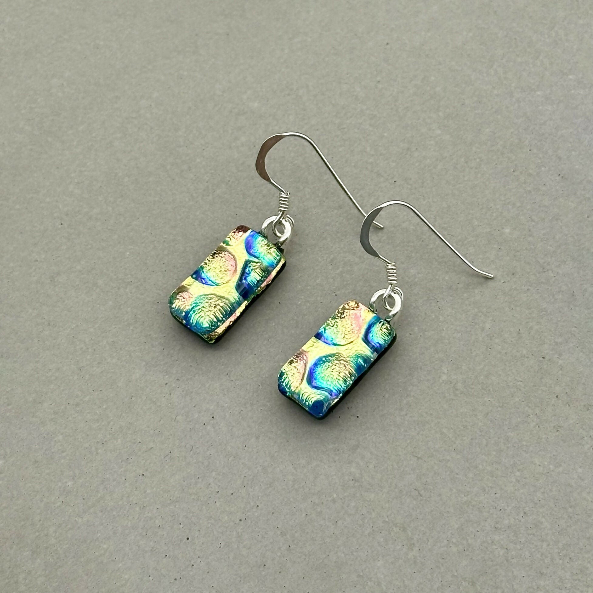 Yellow & Pink Bubble Dichroic Fused Glass Dangle Sterling Silver Earrings - Handmade by Jade Tapson Glass.