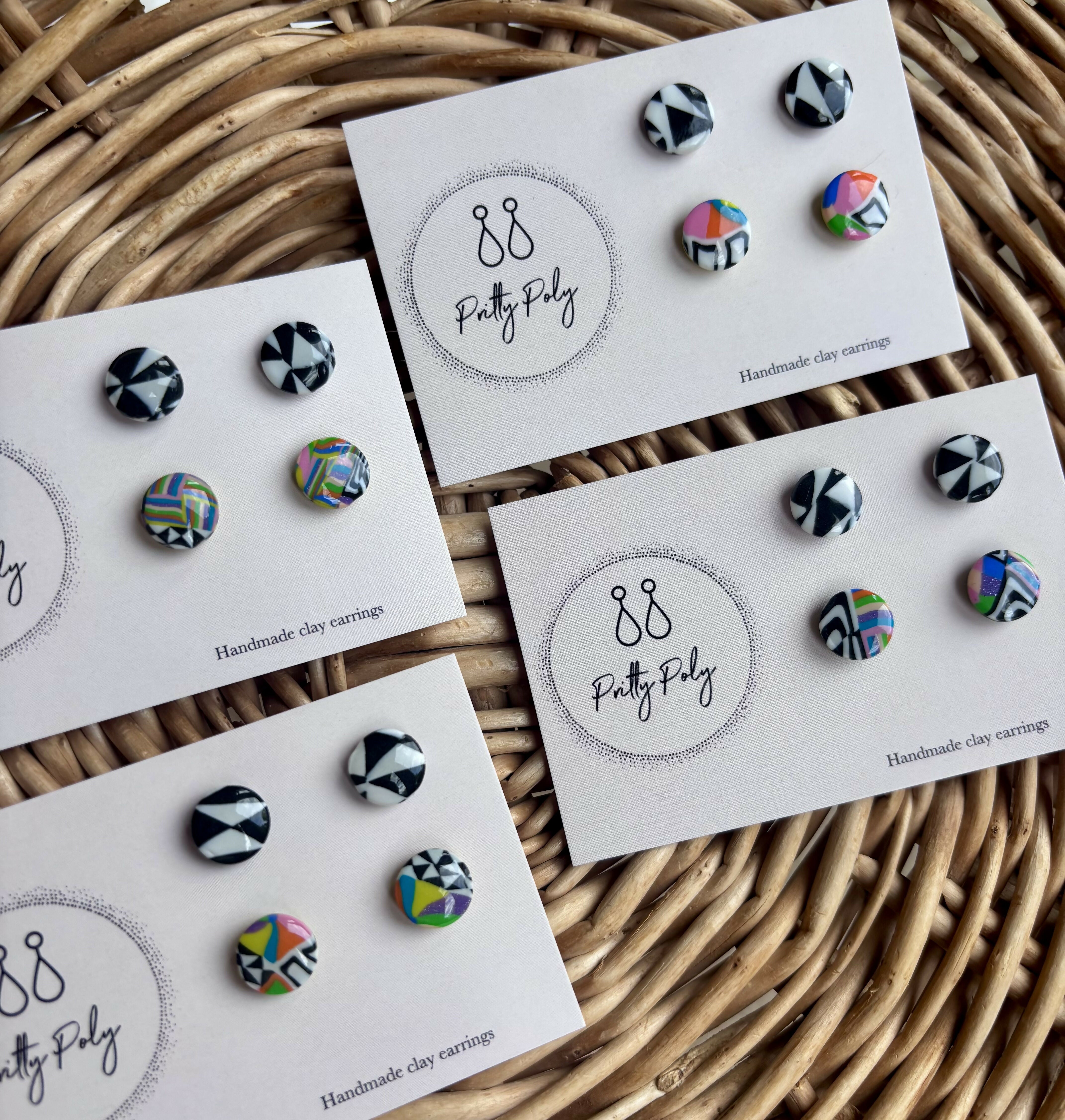 Polymer Clay Stud Pack - Black and White and Colour Pattern