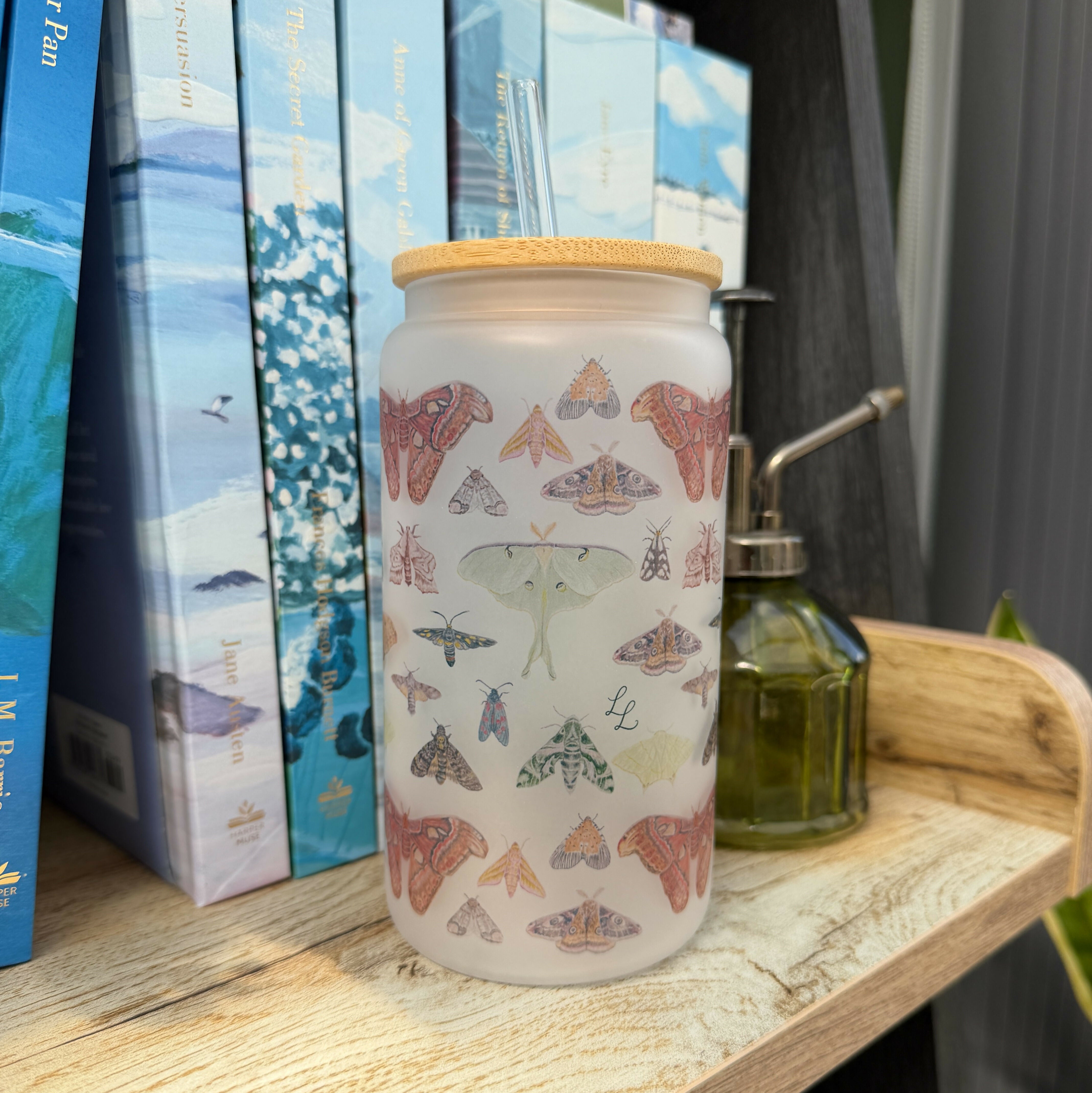 Moth - 16oz Glass Tumbler with Bamboo Lid and Glass Straw