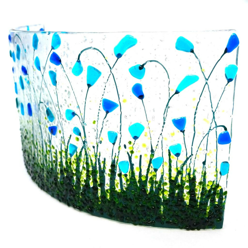 Large Freestanding Fused Glass Curve With Blue & Emerald Green Flowers