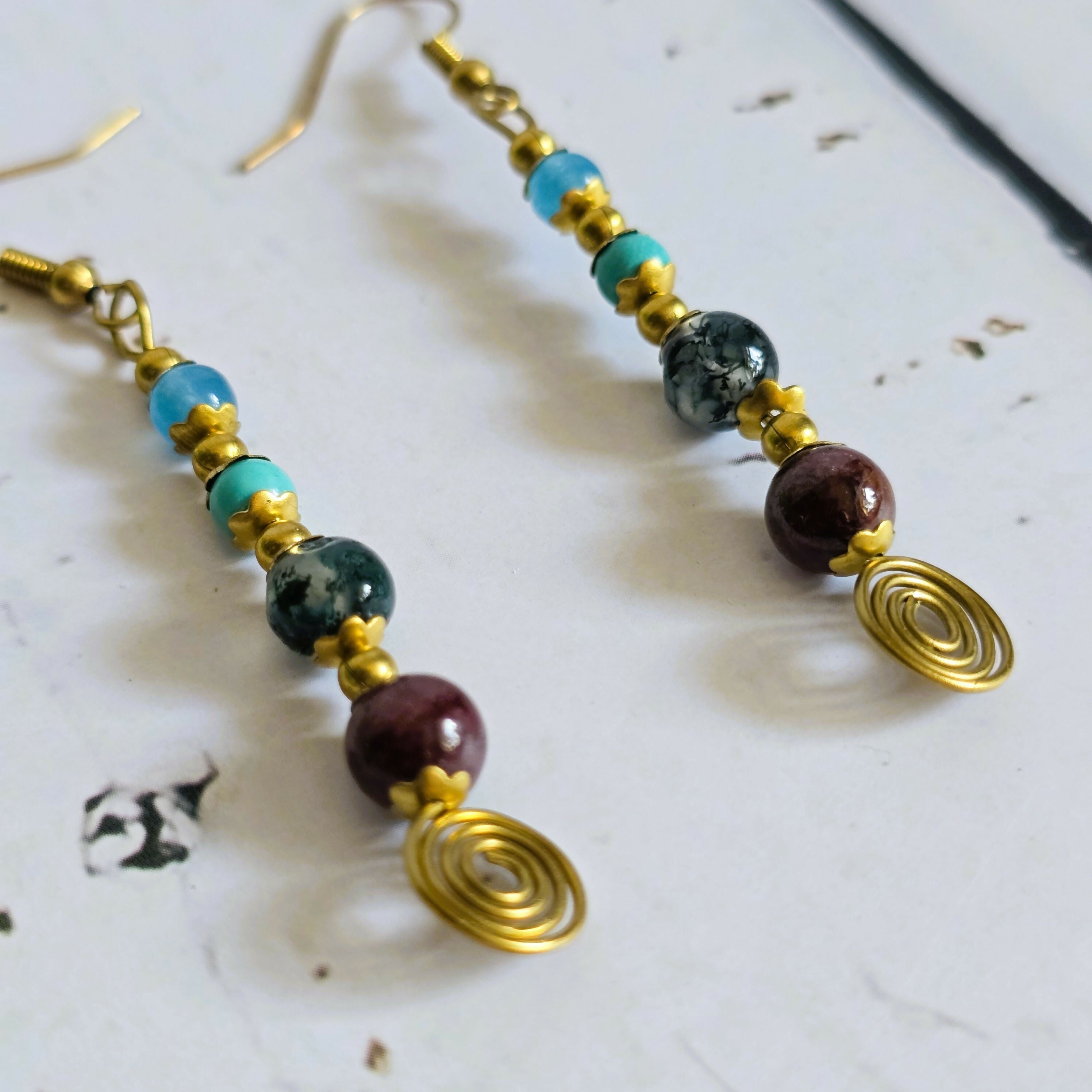 Aquamarine, Turquoise, Moss Agate & Garnet Crystal Drop Earrings; Delicate Boho Gemstone Earrings