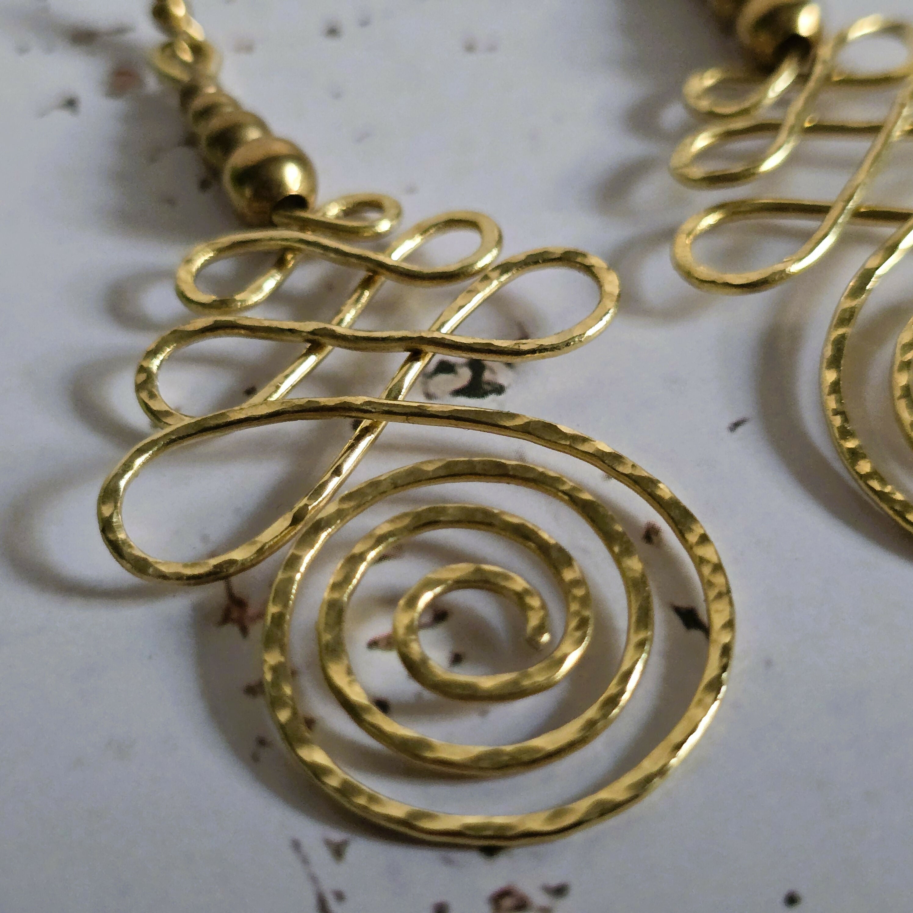 Gold Unalome Earrings; Hand Sculpted Brass Wire Spiral Buddhist Boho Thai Earrings