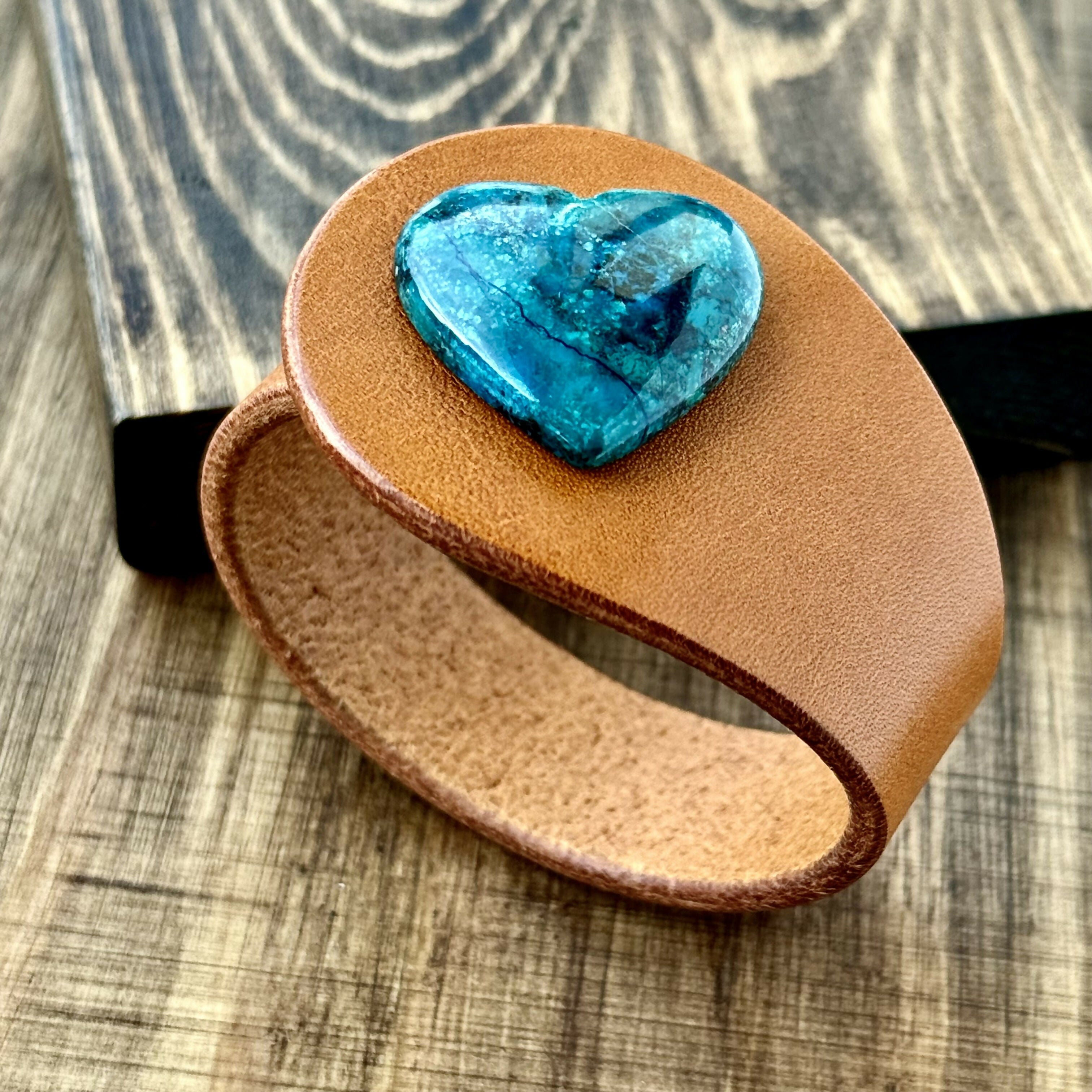 Handcrafted Natural Leather & Heart-Shaped Chrysocolla Gemstone Bracelet - Size S or M